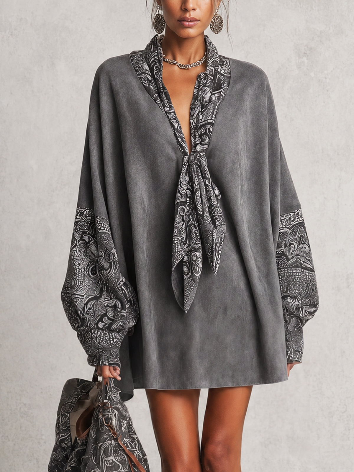 Gray Suede Print Mini Dress
