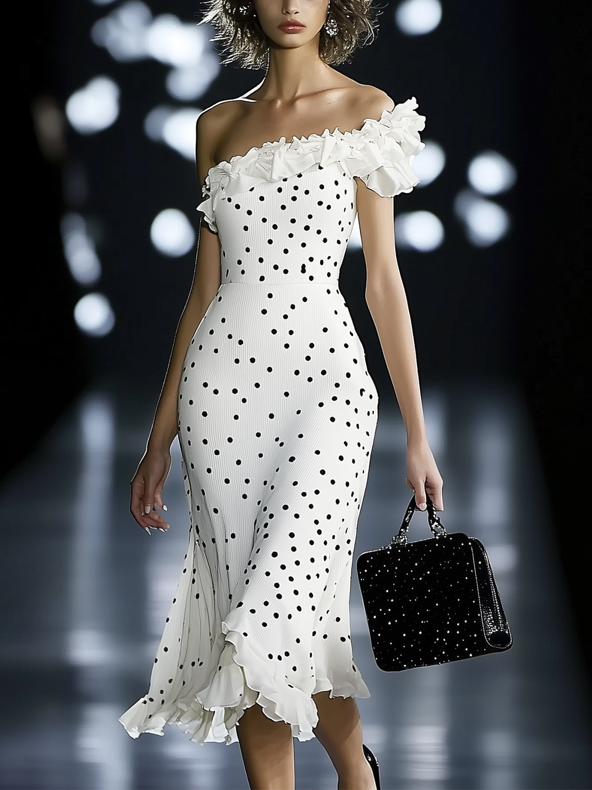 One Shoulder Polka Dot Print Slim Fit Midi Dress