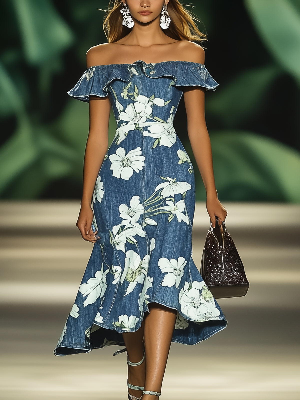 Fashion Off Shoulder Mermaid Hem Print Dress