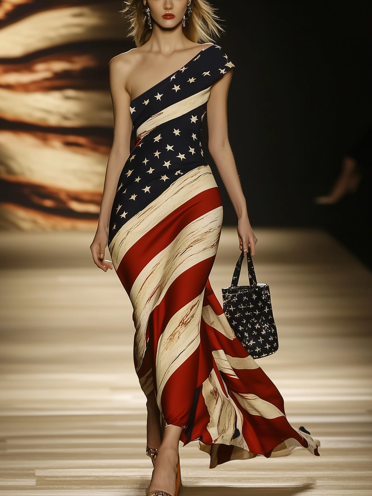 One Shoulder Fashion Print Satin Maxi Dress