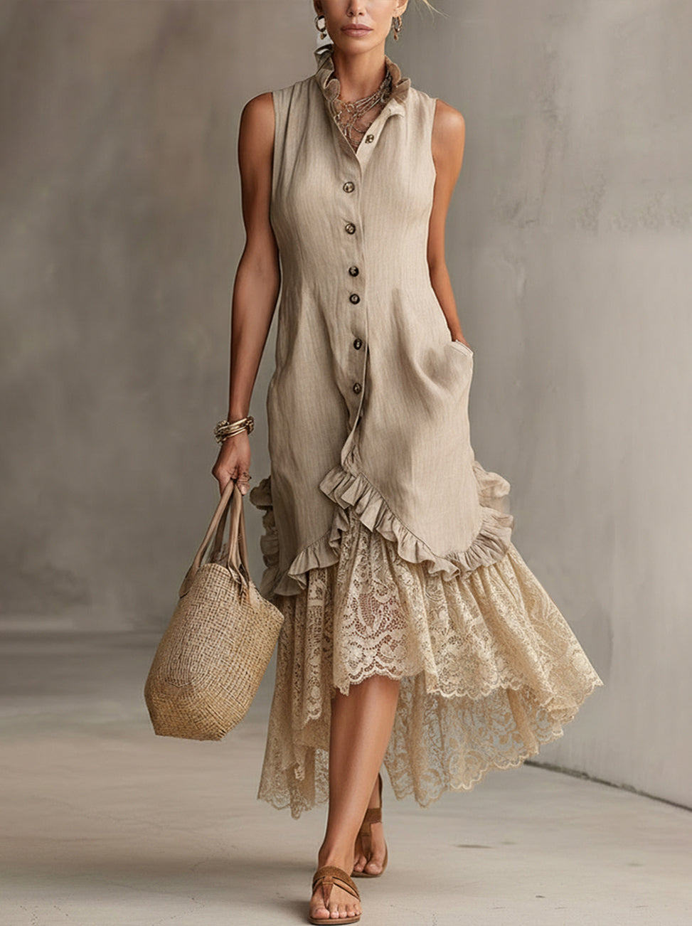 Beige Sleeveless Button-Front Linen Dress With Lace High-Low Hem