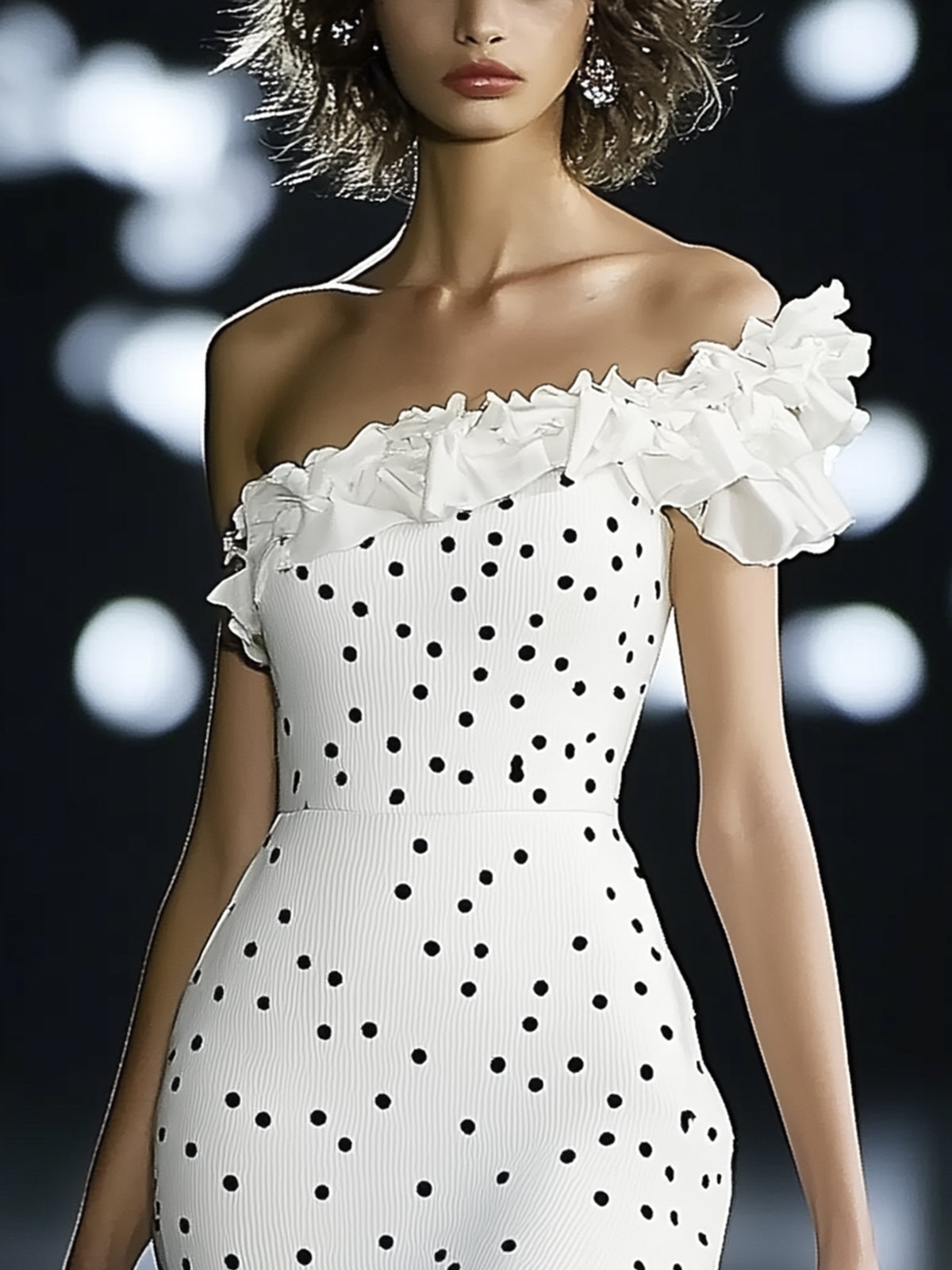 One Shoulder Polka Dot Print Slim Fit Midi Dress
