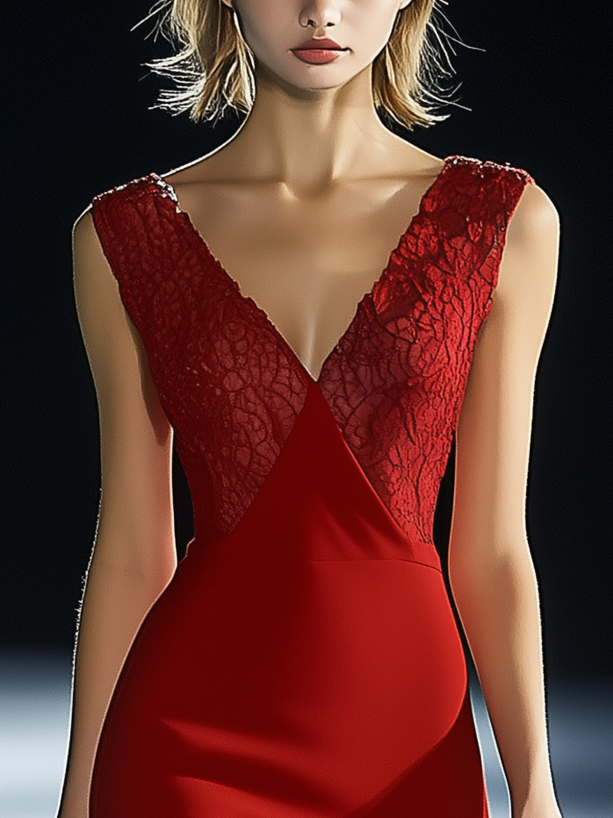 Red Lace Panel V-Neck Bodycon Dress