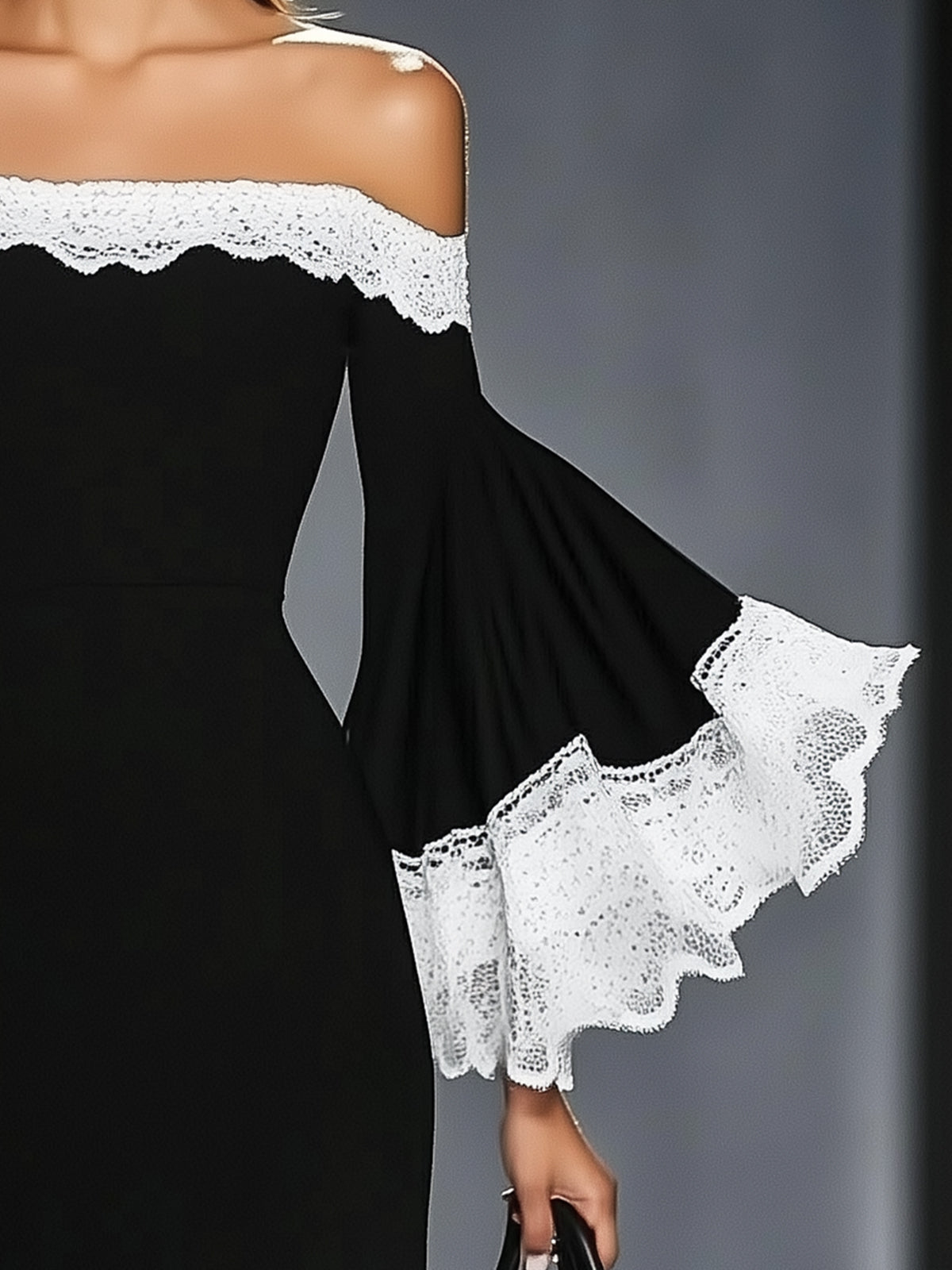 Off Shoulder Lace Flared Sleeve Bodycon Dress