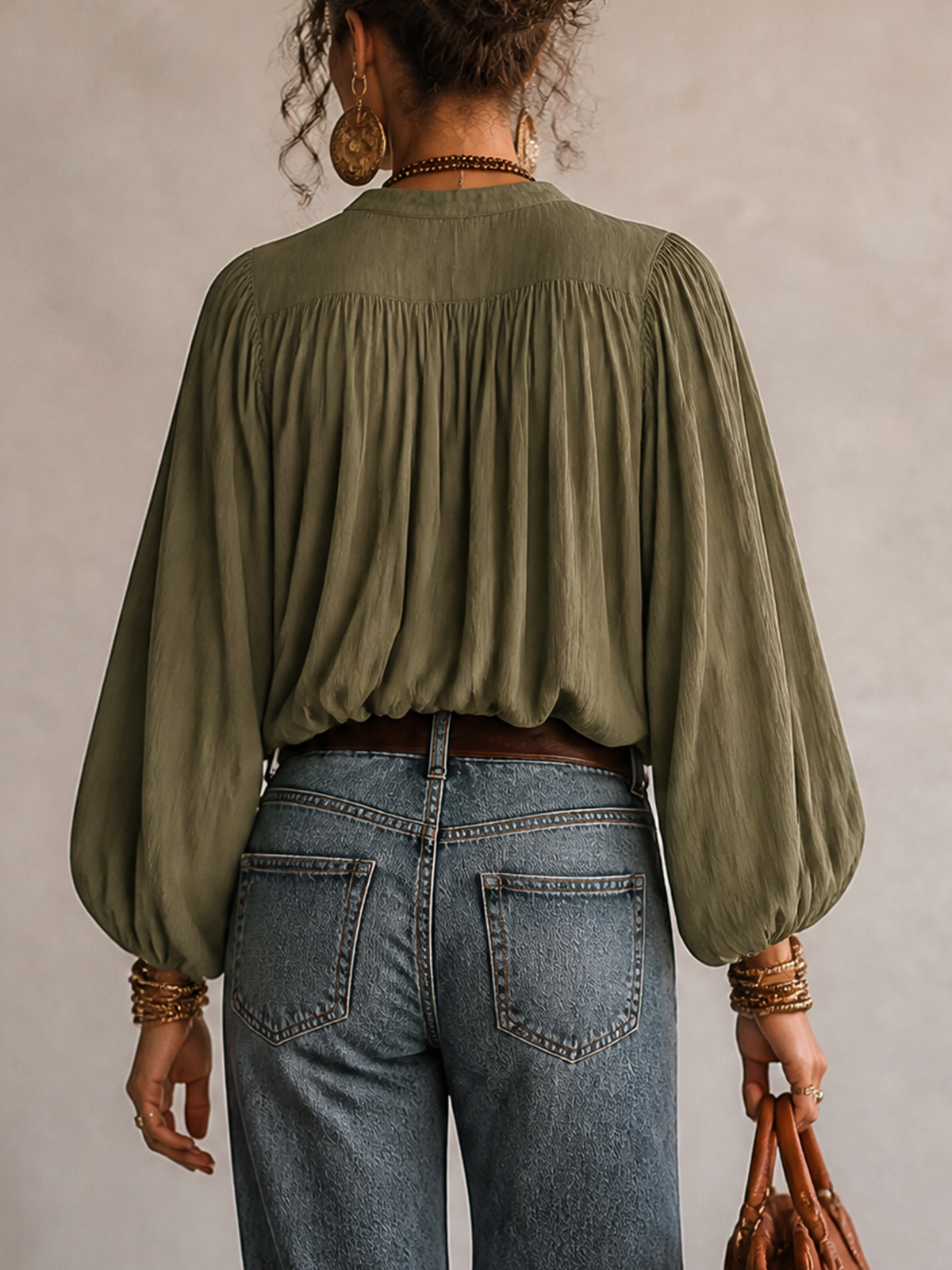 Olive Green Crinkled Stand Collar Balloon Sleeve Blouse