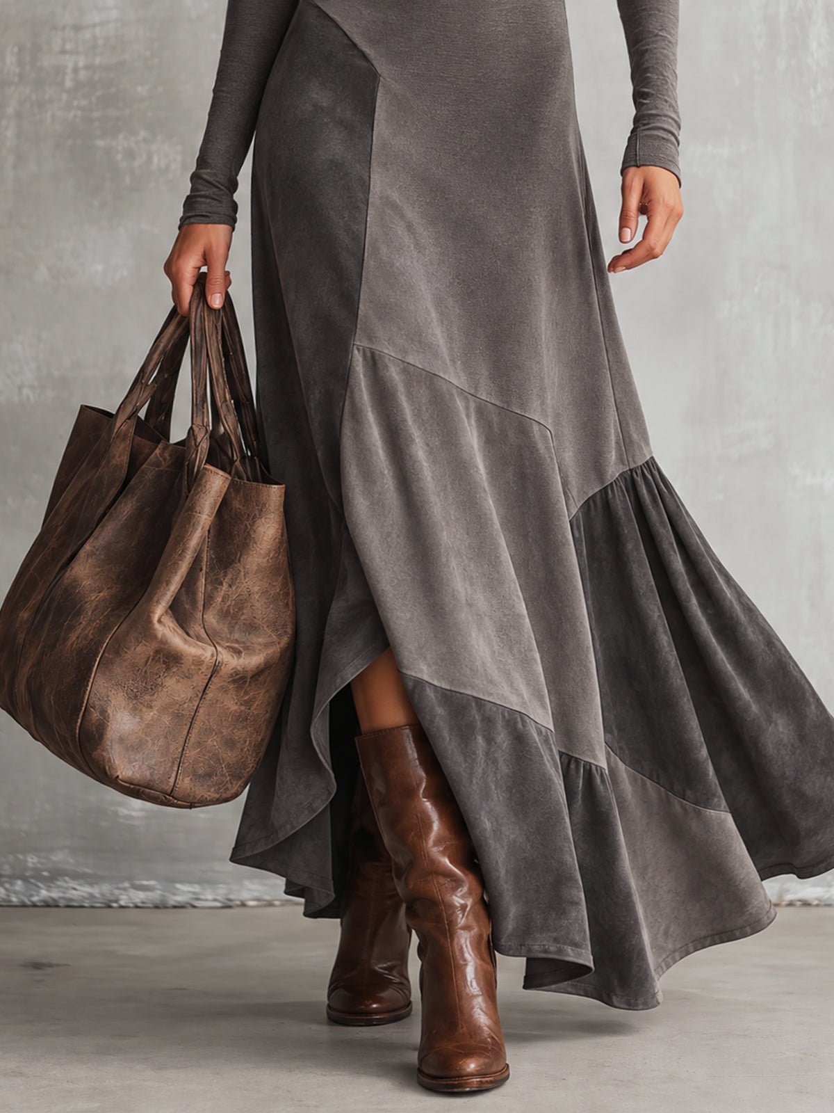 Gray High Stretch Faux Suede Color Block Turtleneck Maxi Dress