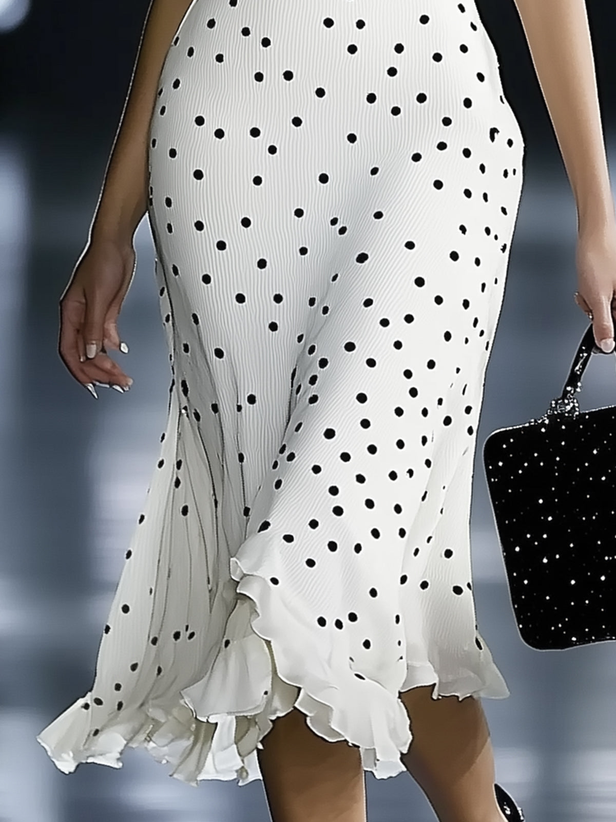 One Shoulder Polka Dot Print Slim Fit Midi Dress