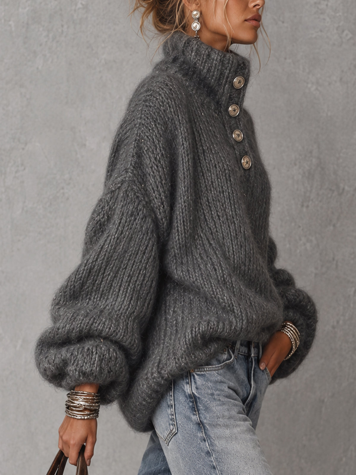 Charcoal Gray Metallic Thread Button Detail Oversized Sweater