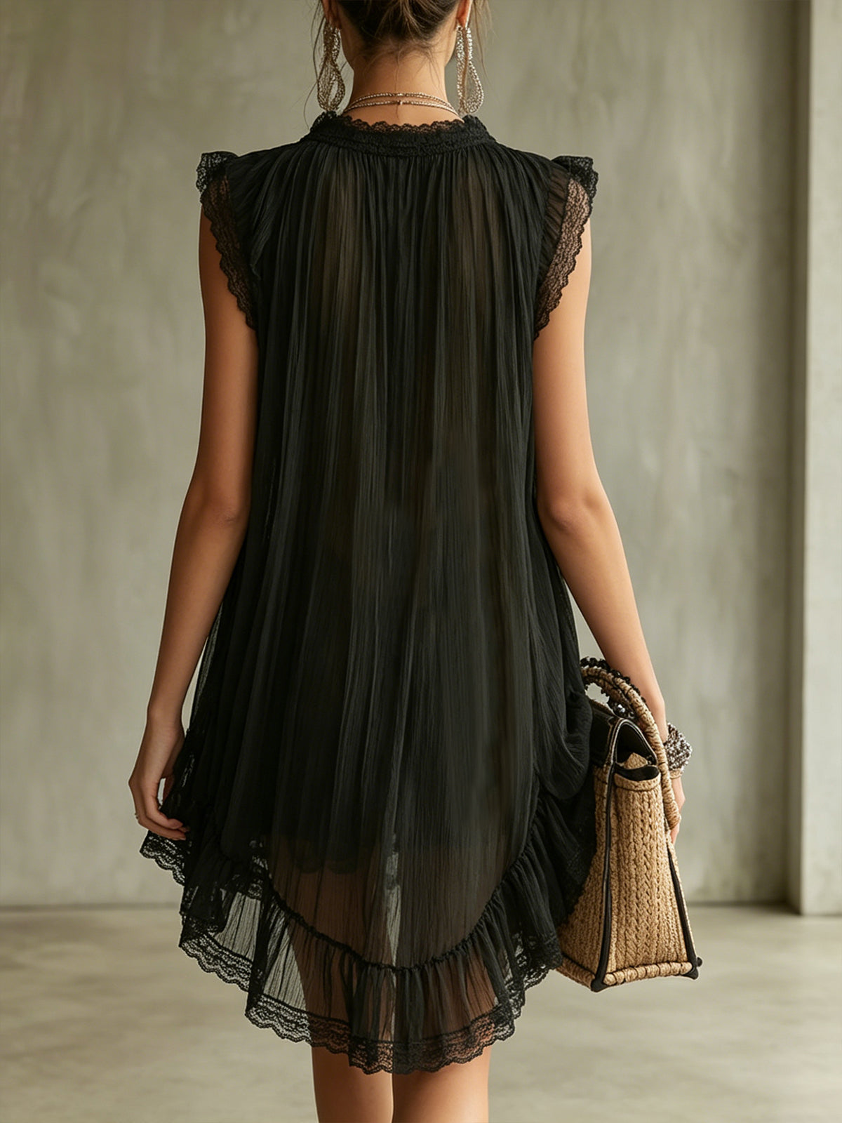 Black Pleated Chiffon Lace-Trim Mini Dress With Front Zip