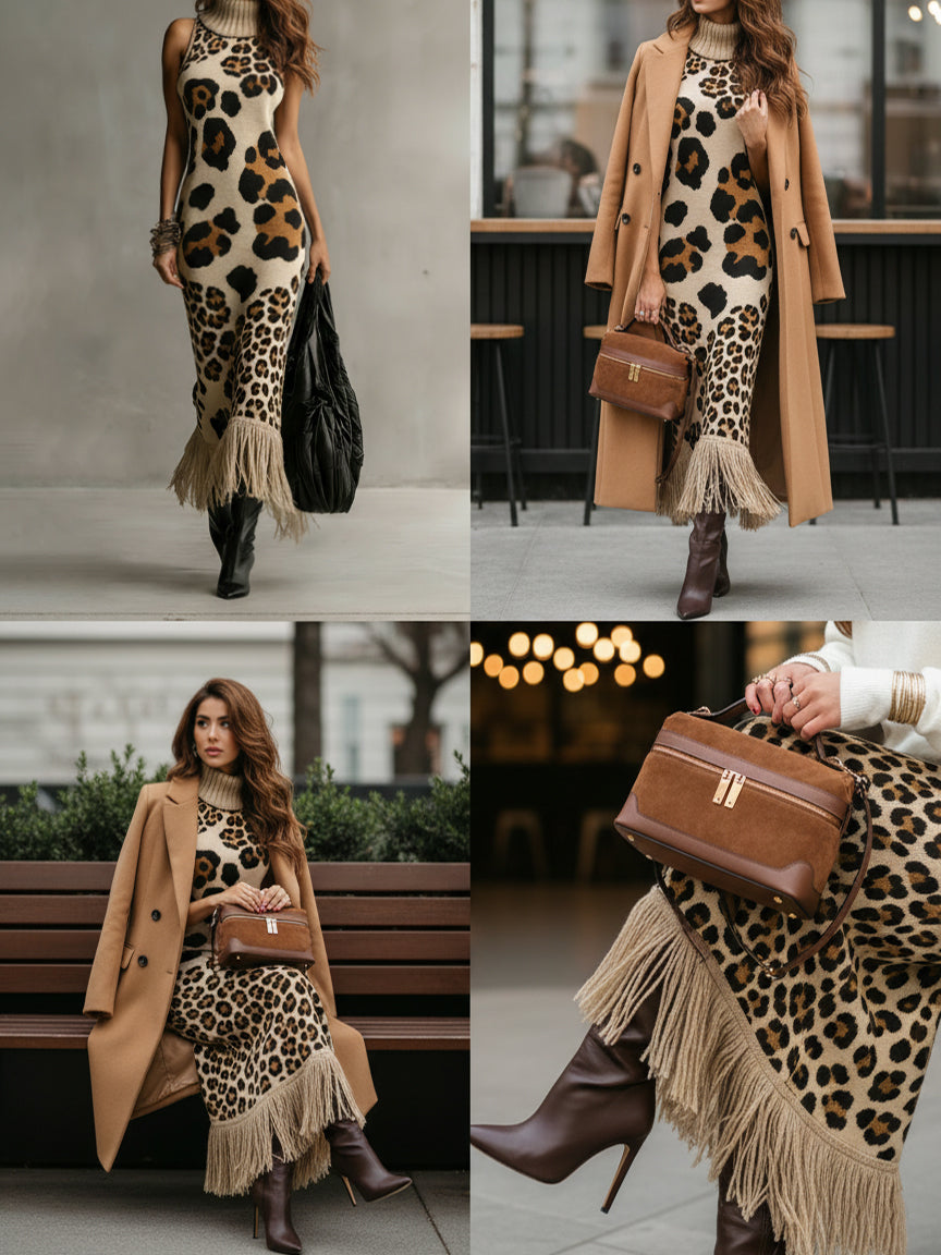 Brown Irregular Leopard Print Knitted Tassel Sleeveless Maxi Dress