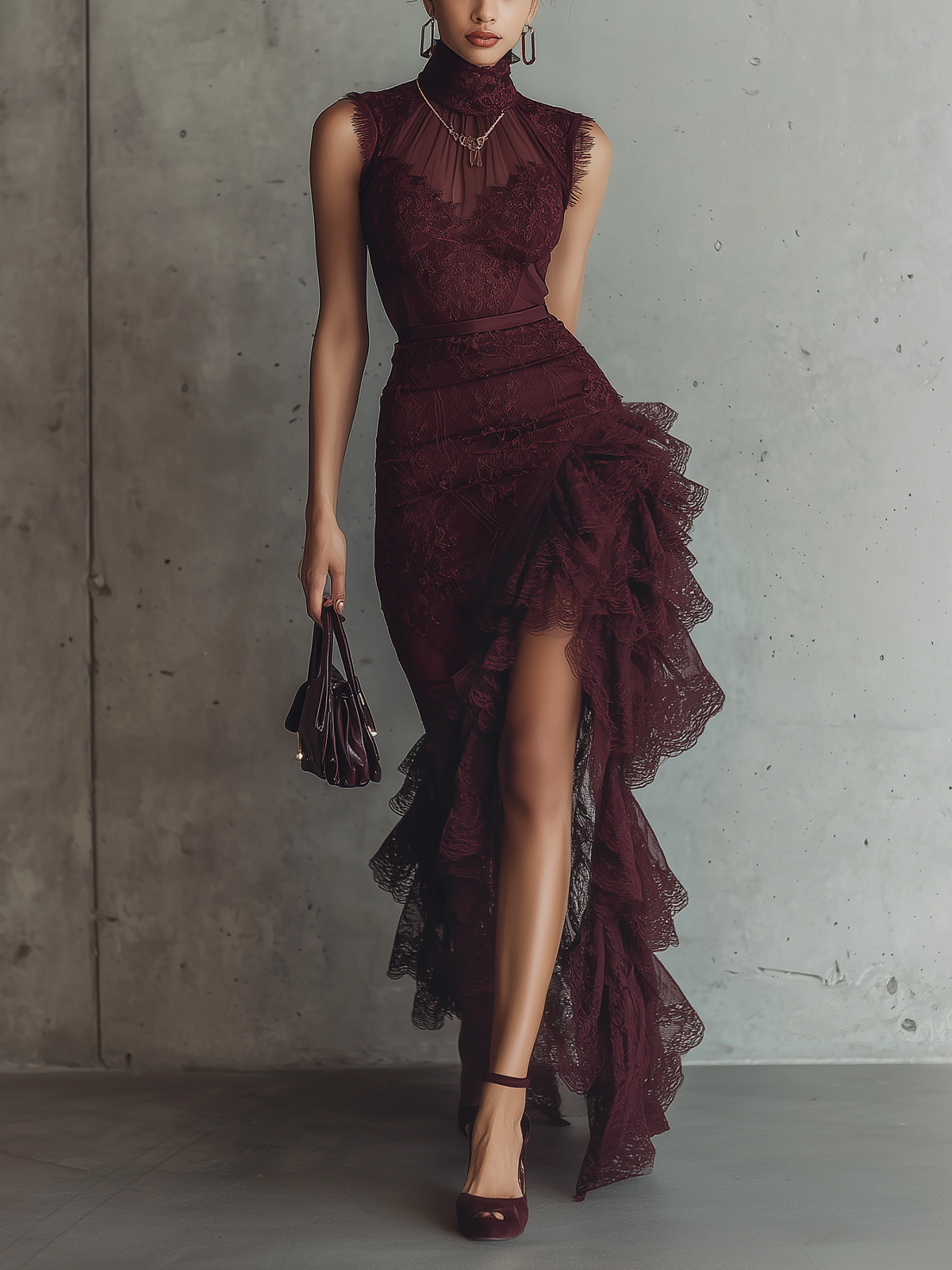Red Lace High-Neck Ruffled Asymmetrical Evening Dress