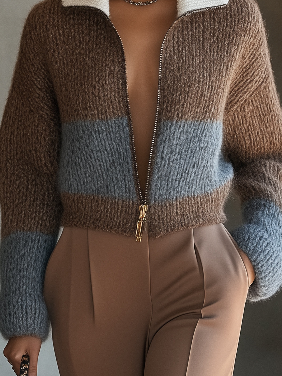 Two Tone Cozy Zip Up Knit Jacket