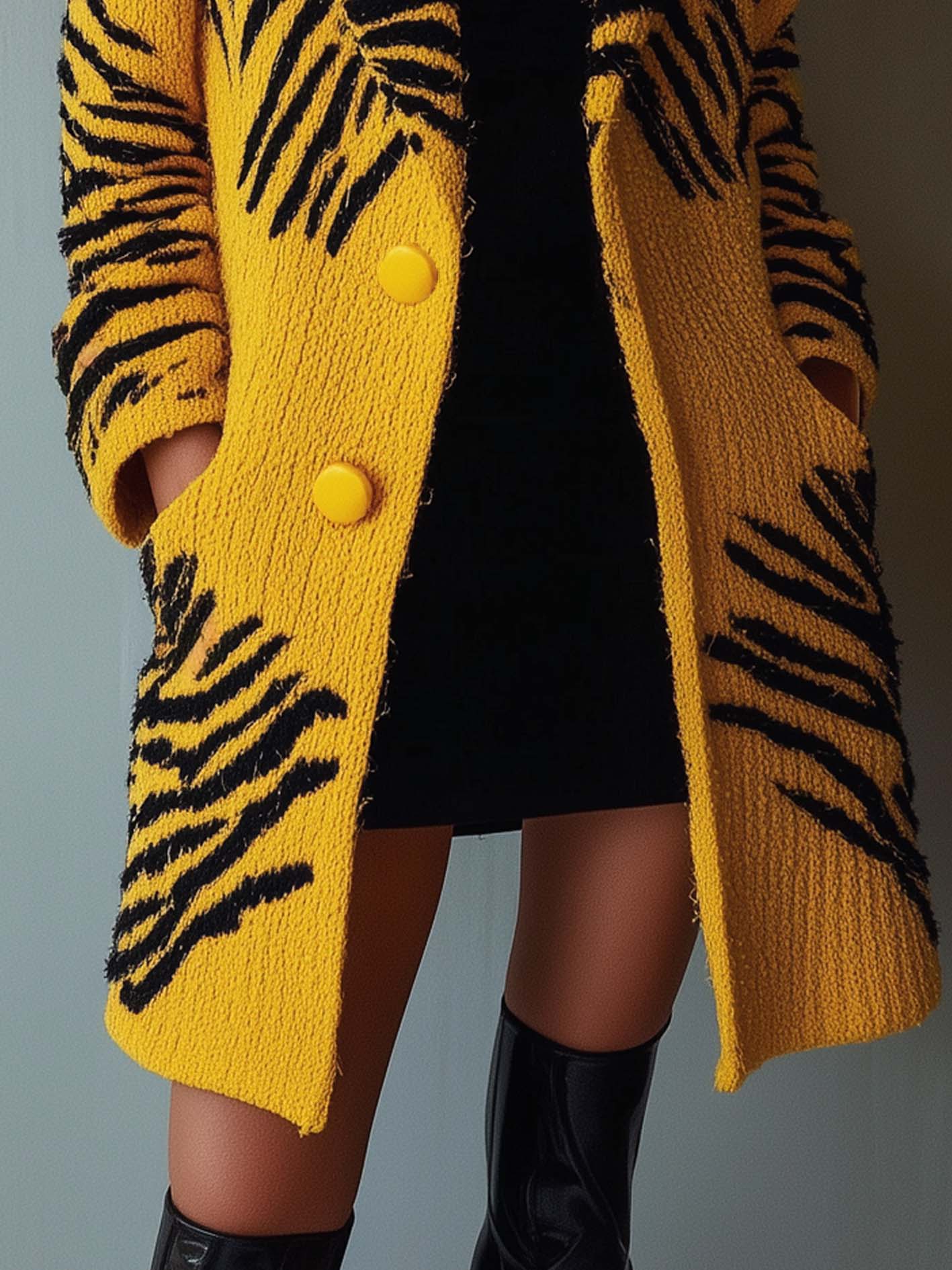 Yellow Knitted Cardigan With Zebra Print