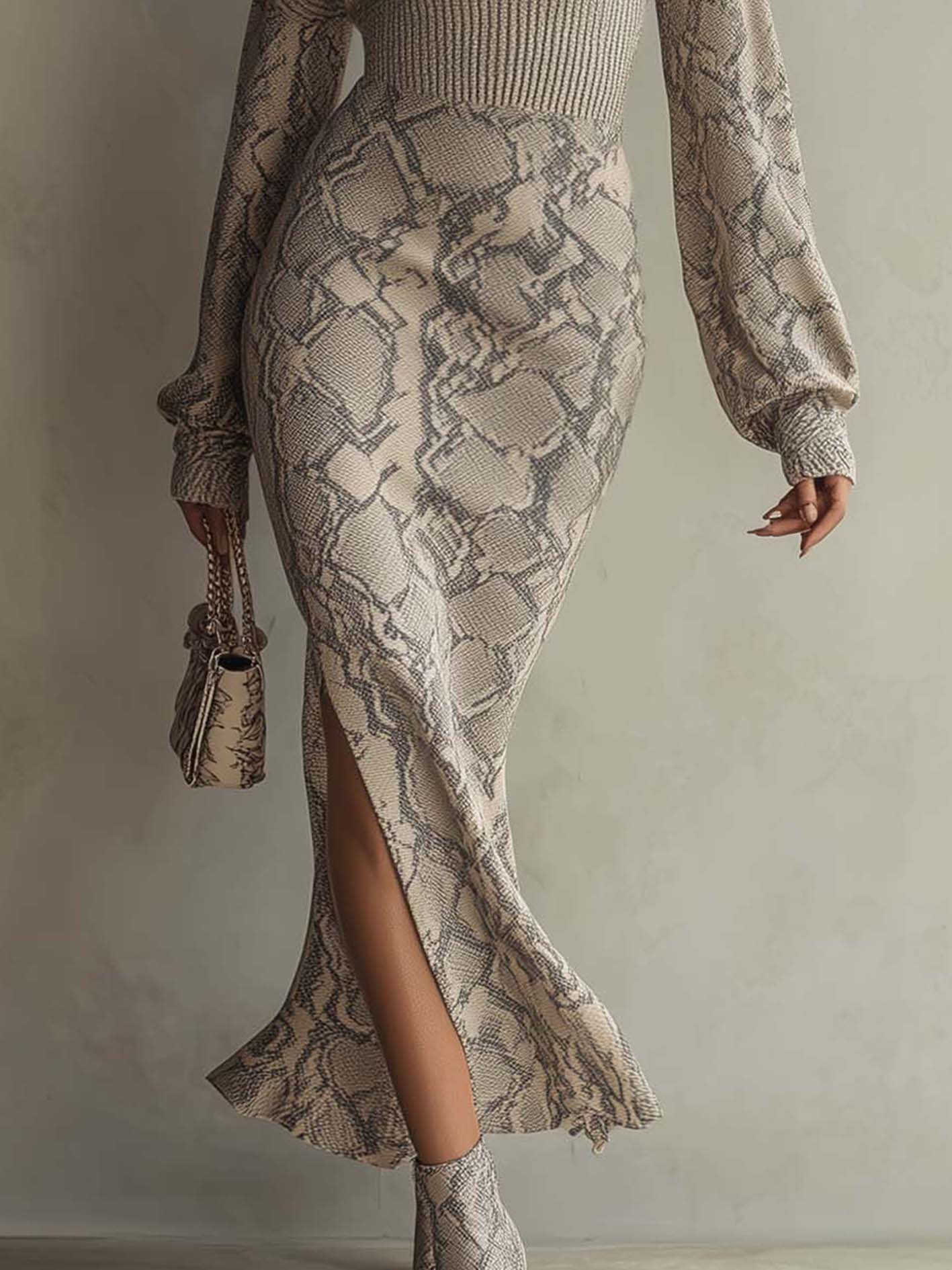 Gray Snake Print Patchwork Turtleneck Knit Bodycon Dress