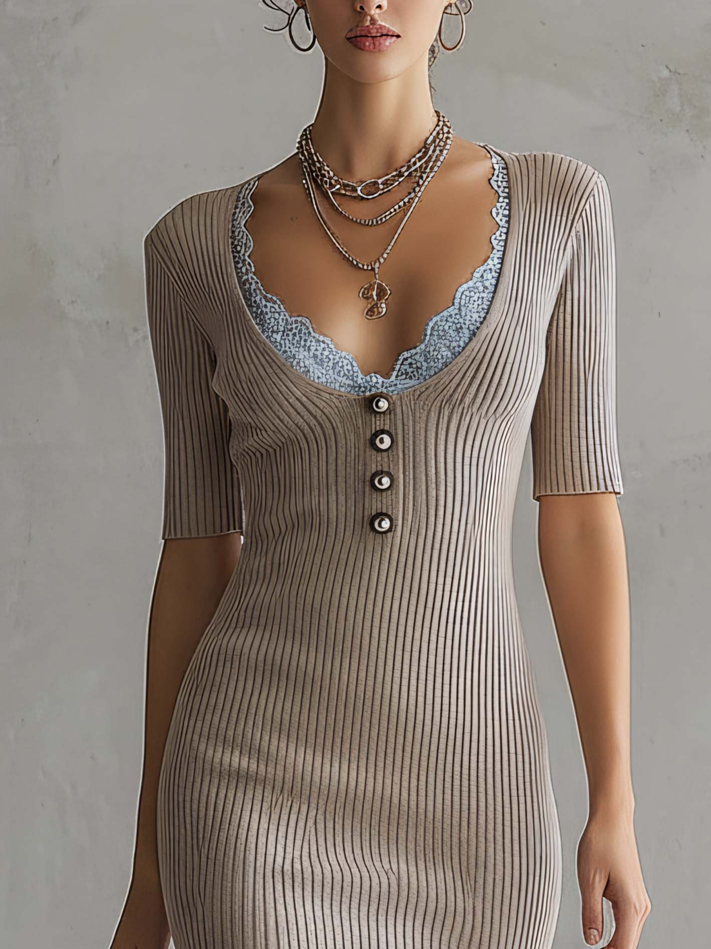 Oatmeal Gray Ribbed Knit Mini Bodycon Dress With Lace And Button