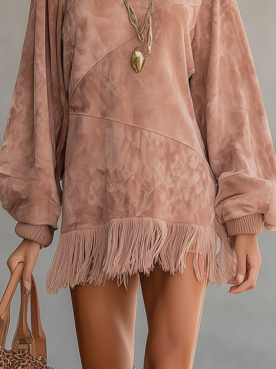 Pink Faux Suede Turtleneck Mini Dress With Balloon Sleeves And Fringe Hem