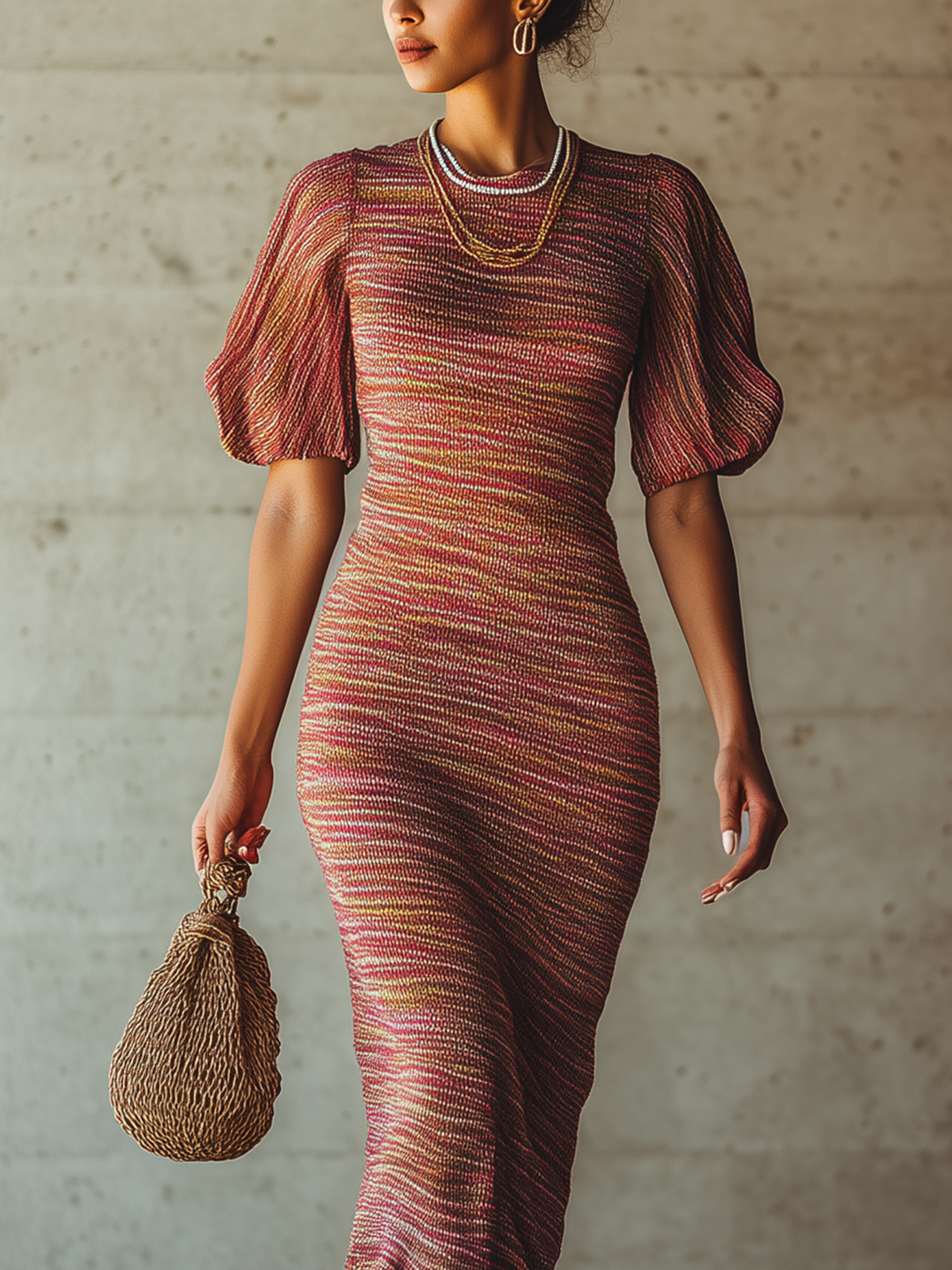 Multicolor Striped Printing Puff-Sleeve Maxi Dress