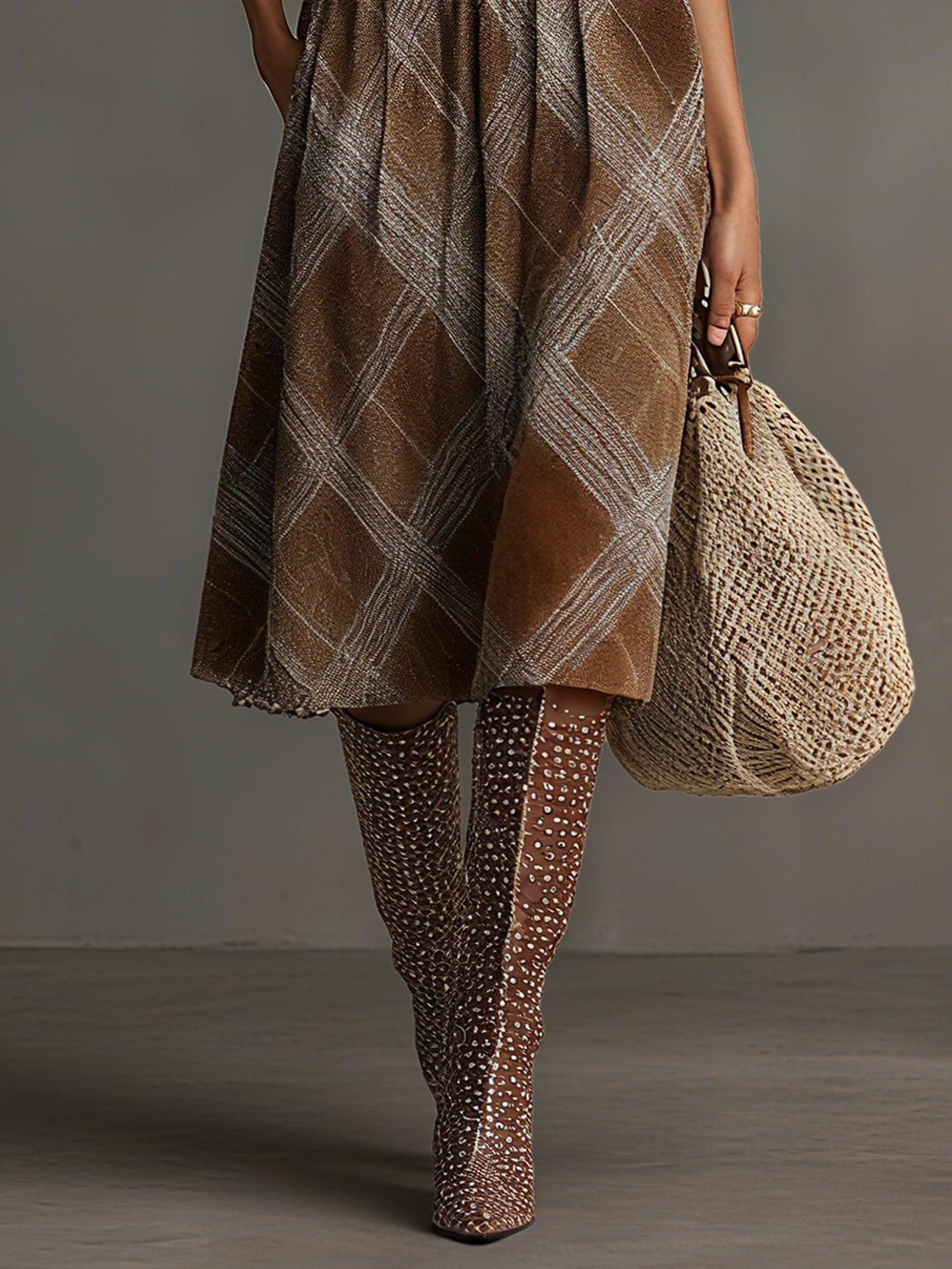 Brown Suede Plaid Puff Sleeve Midi Dress