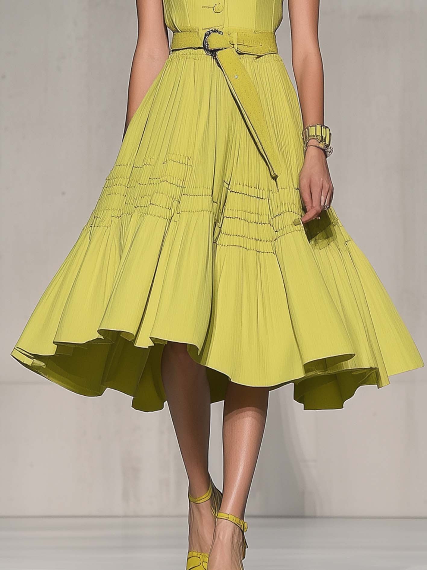 Sleeveless Yellow Green Midi Dress With Belt And Buttons