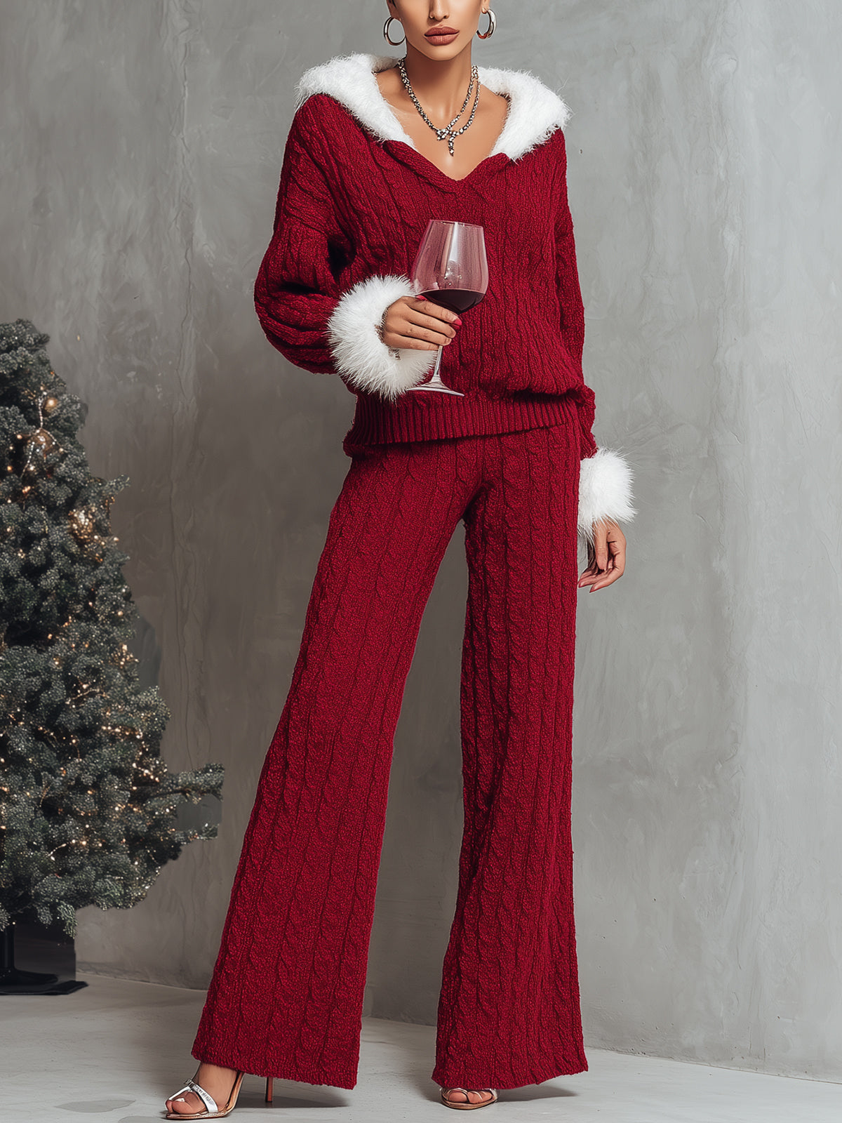 Red Cable-Knit Set With Faux Fur Trim