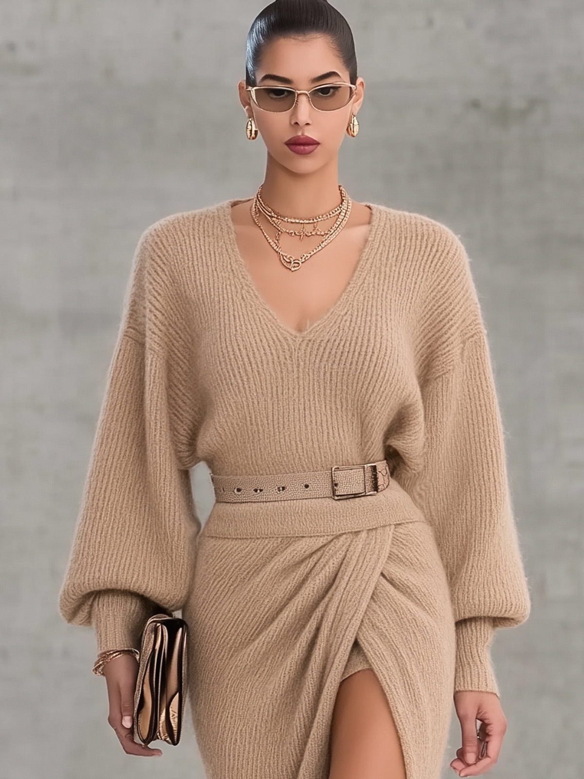 Camel Ribbed Knit Belted V-Neck Long Sleeve Maxi Dress