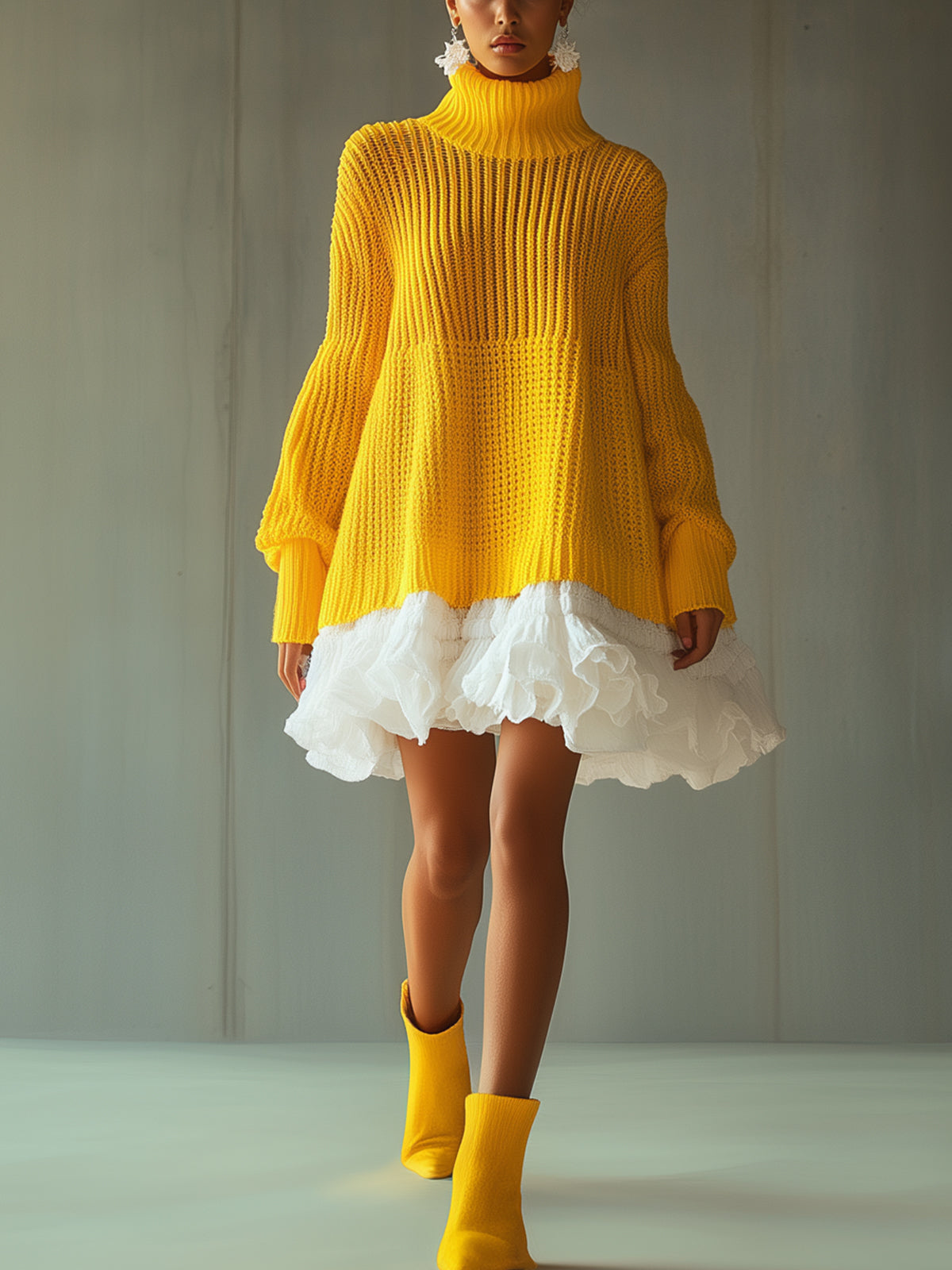 Turtleneck Yellow Knitted Sweater Dress With Ruffled Hem