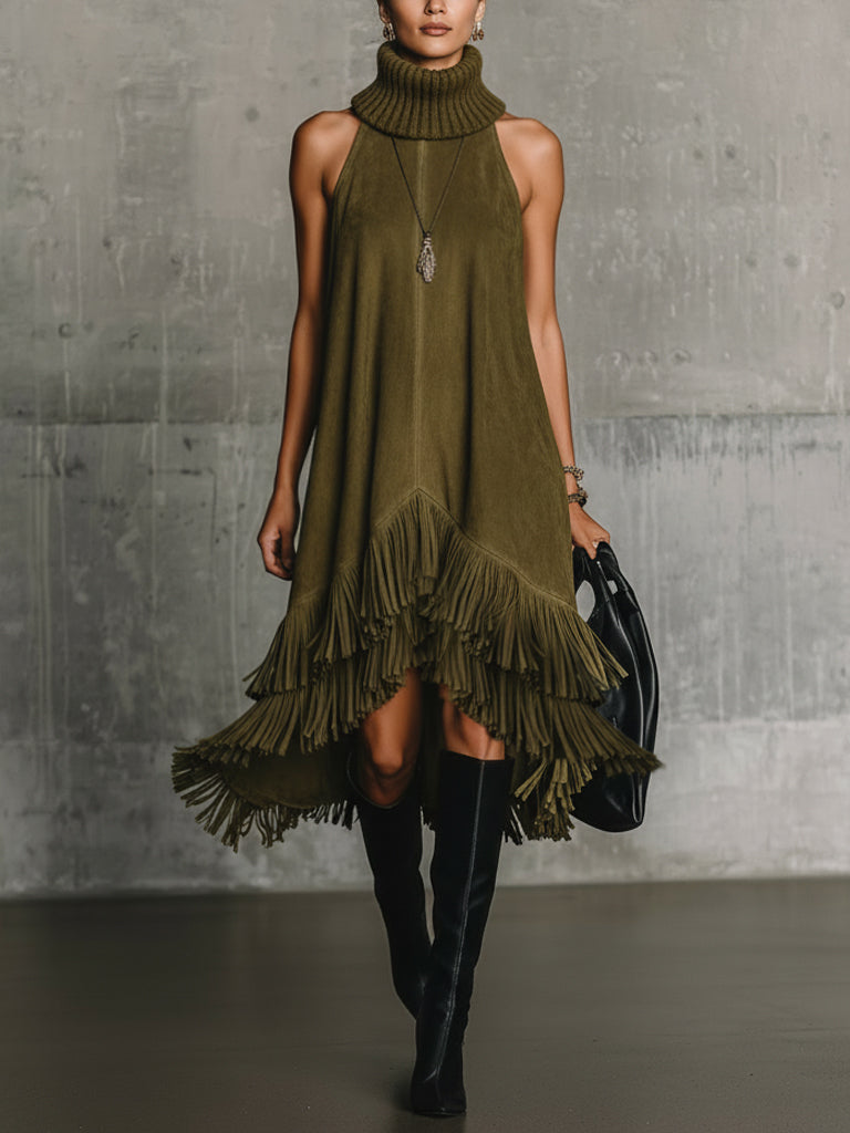 Olive Green Faux Suede Sleeveless Fringe Midi Dress