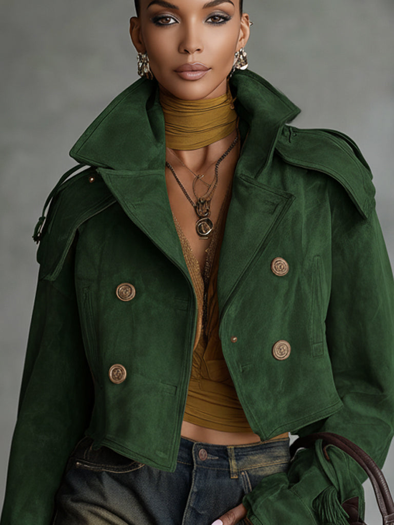 Forest Green Distressed Suede Double Breasted Jacket