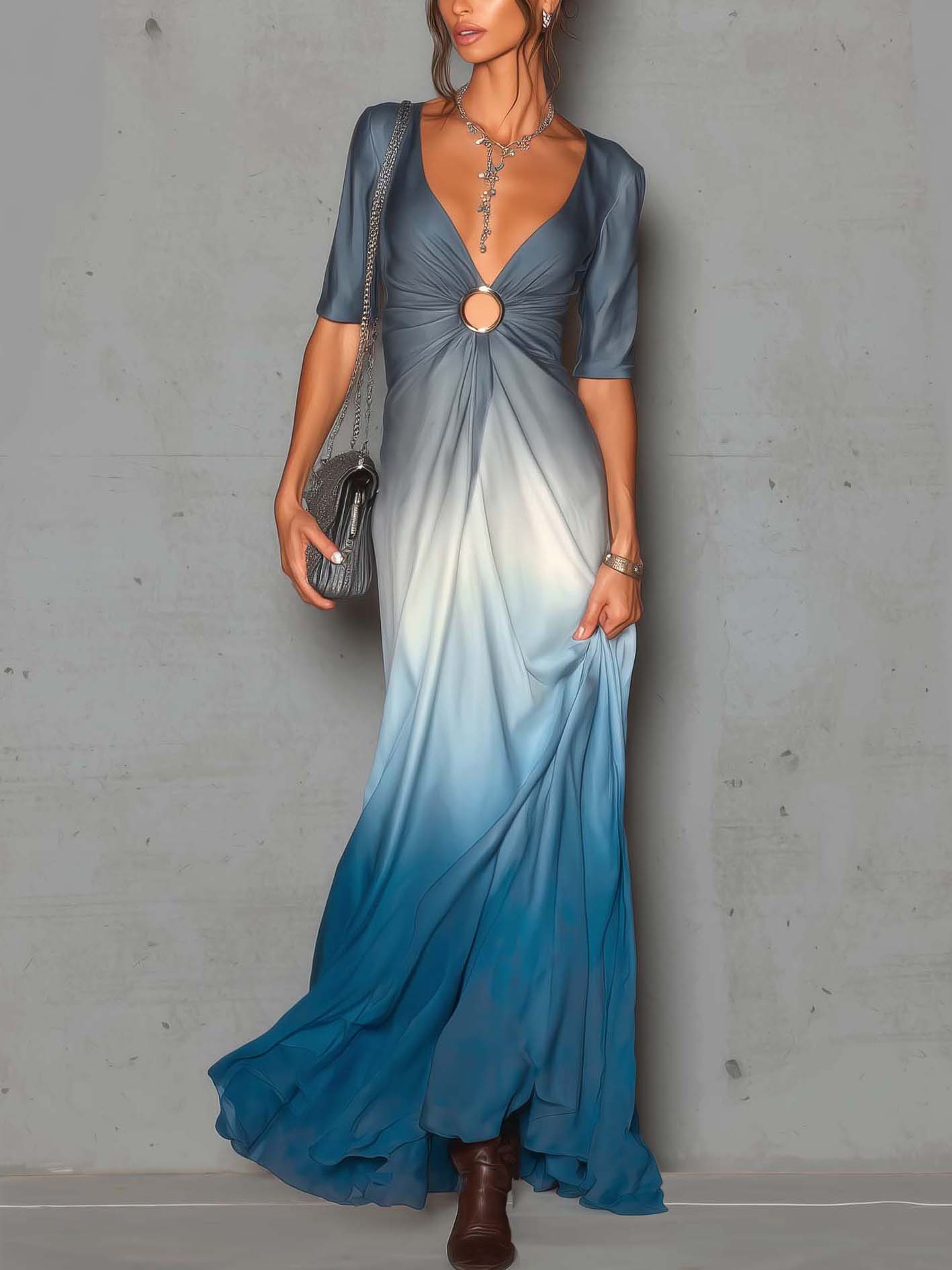 Gradient Blue Satin Bodycon Maxi Dress With Ring Detail