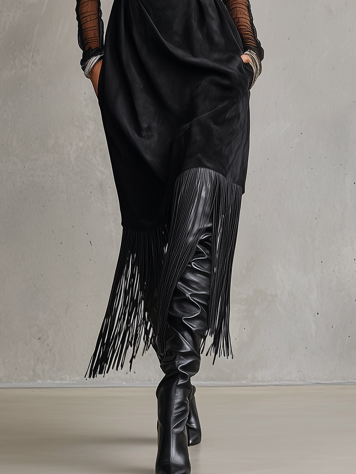 Black Faux Suede Fringe Maxi Dress With Sheer Sleeves
