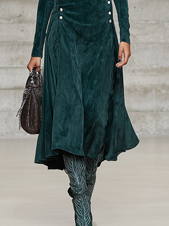 Green Faux Suede Midi Dress With High Neck And Button Detail