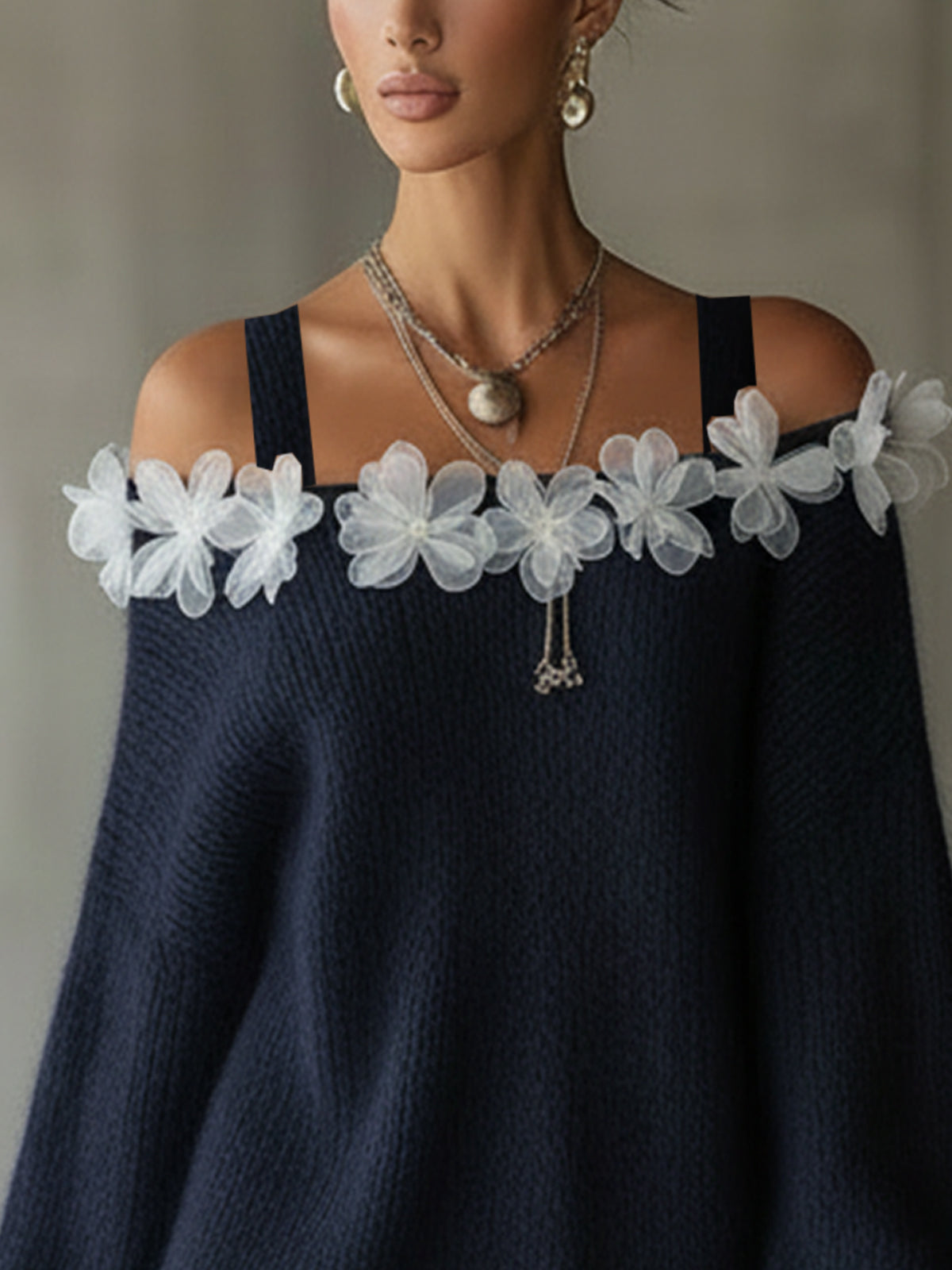 Blue Off-Shoulder Knit Mini Dress With White 3D Floral Trim And Balloon Sleeves