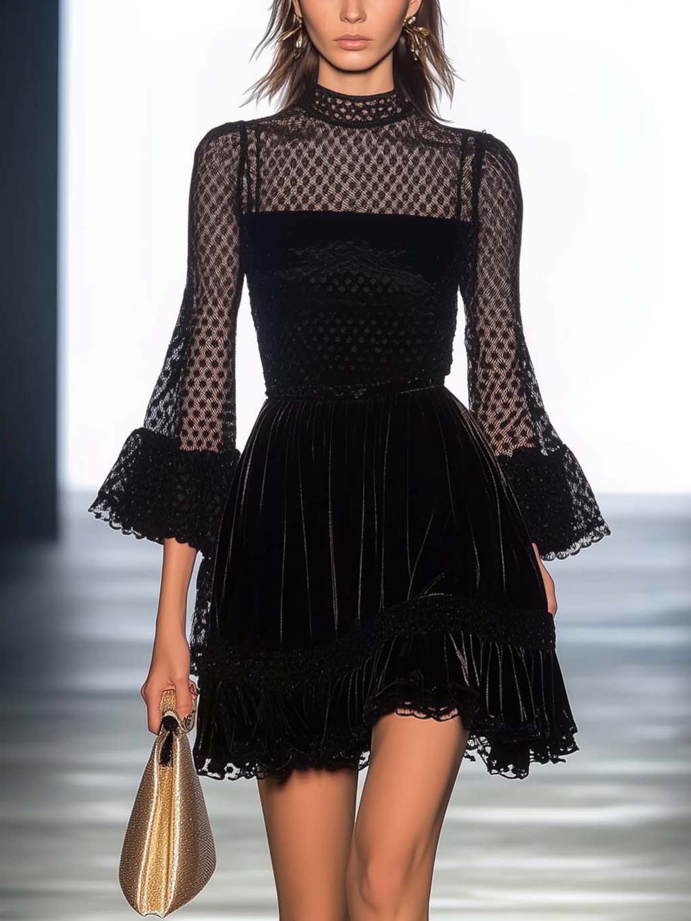 Black Velvet Mini Dress With Stylish Mesh Stitching