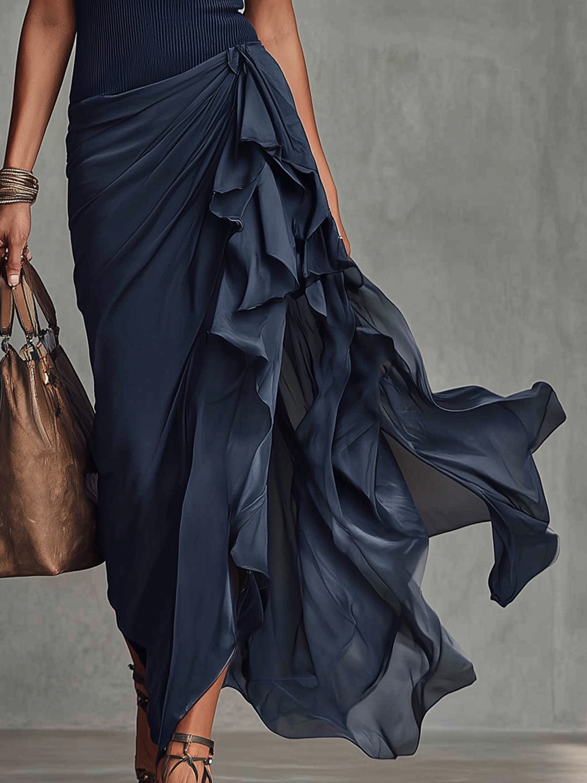 Midnight Navy Pleated Halter Top Chiffon Ruffled Maxi Dress