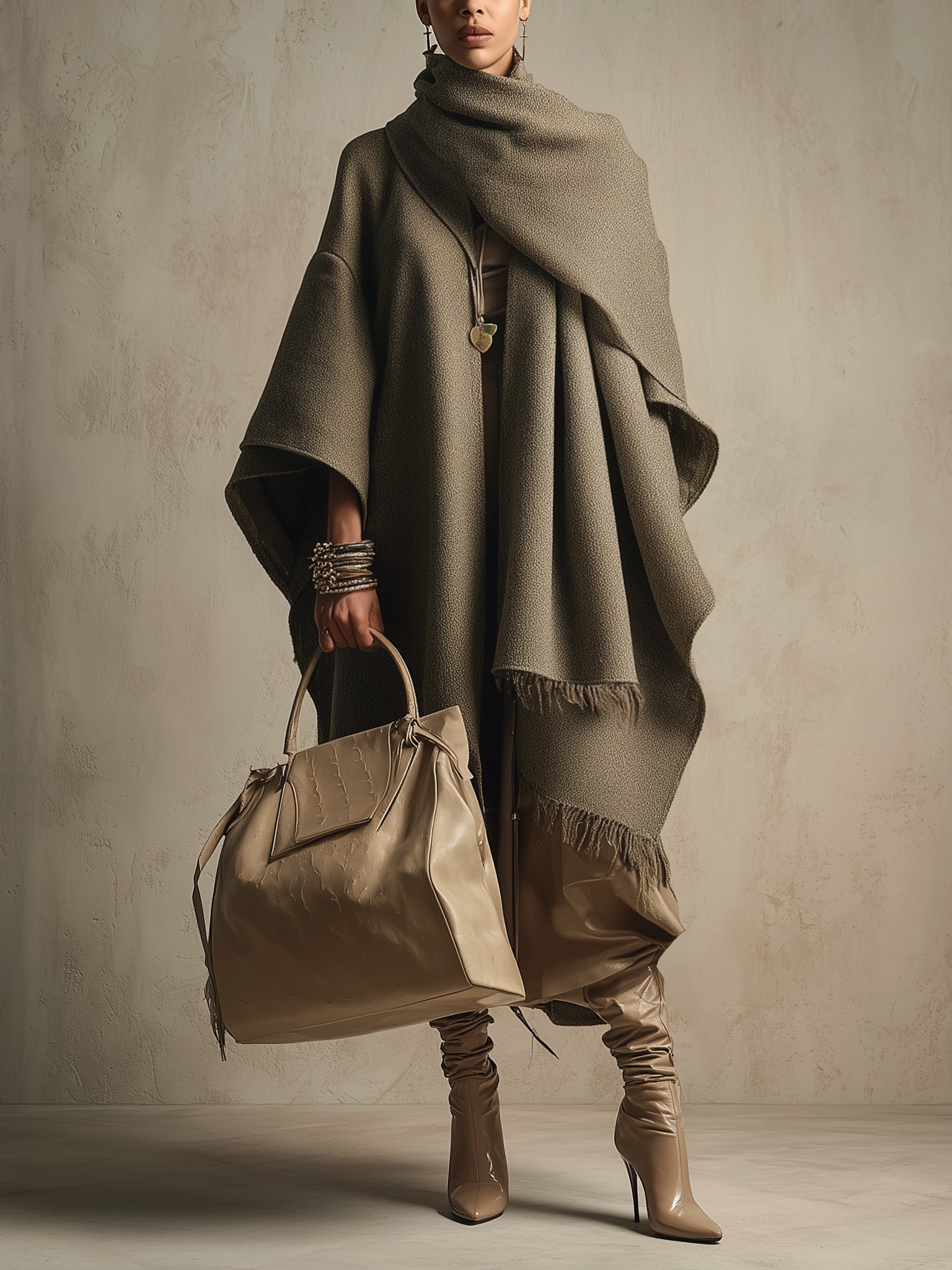 Green Loose Fitting Wool Blend Coat No Scarf