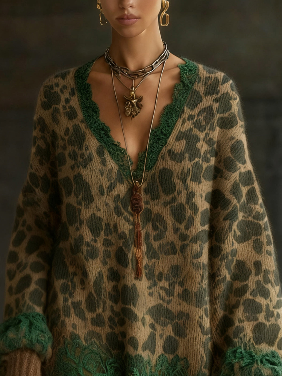 Leopard Print Knit Dress With Green Lace Accents