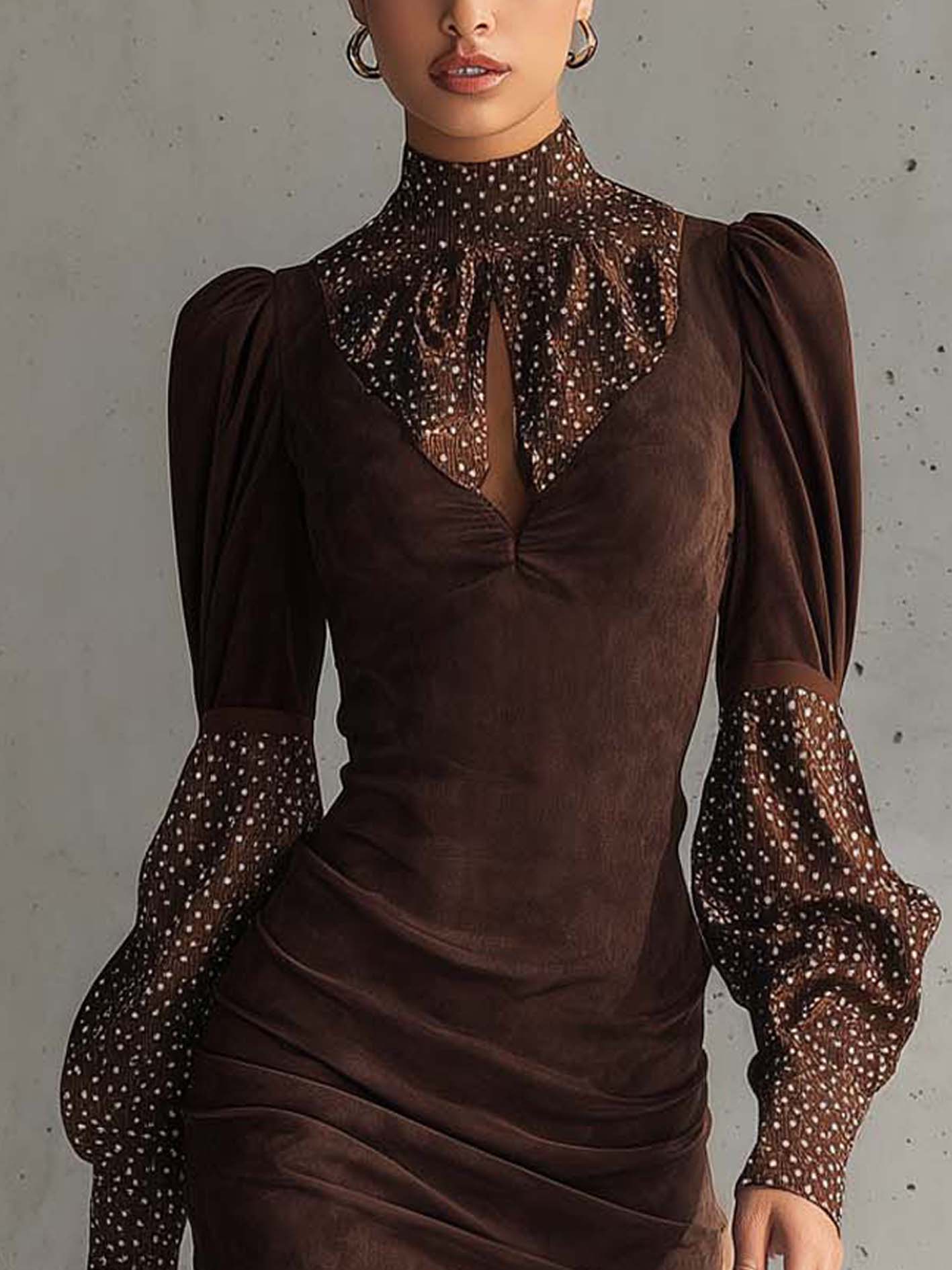 Brown Faux Suede Bodycon Dress With Satin Polka Dots