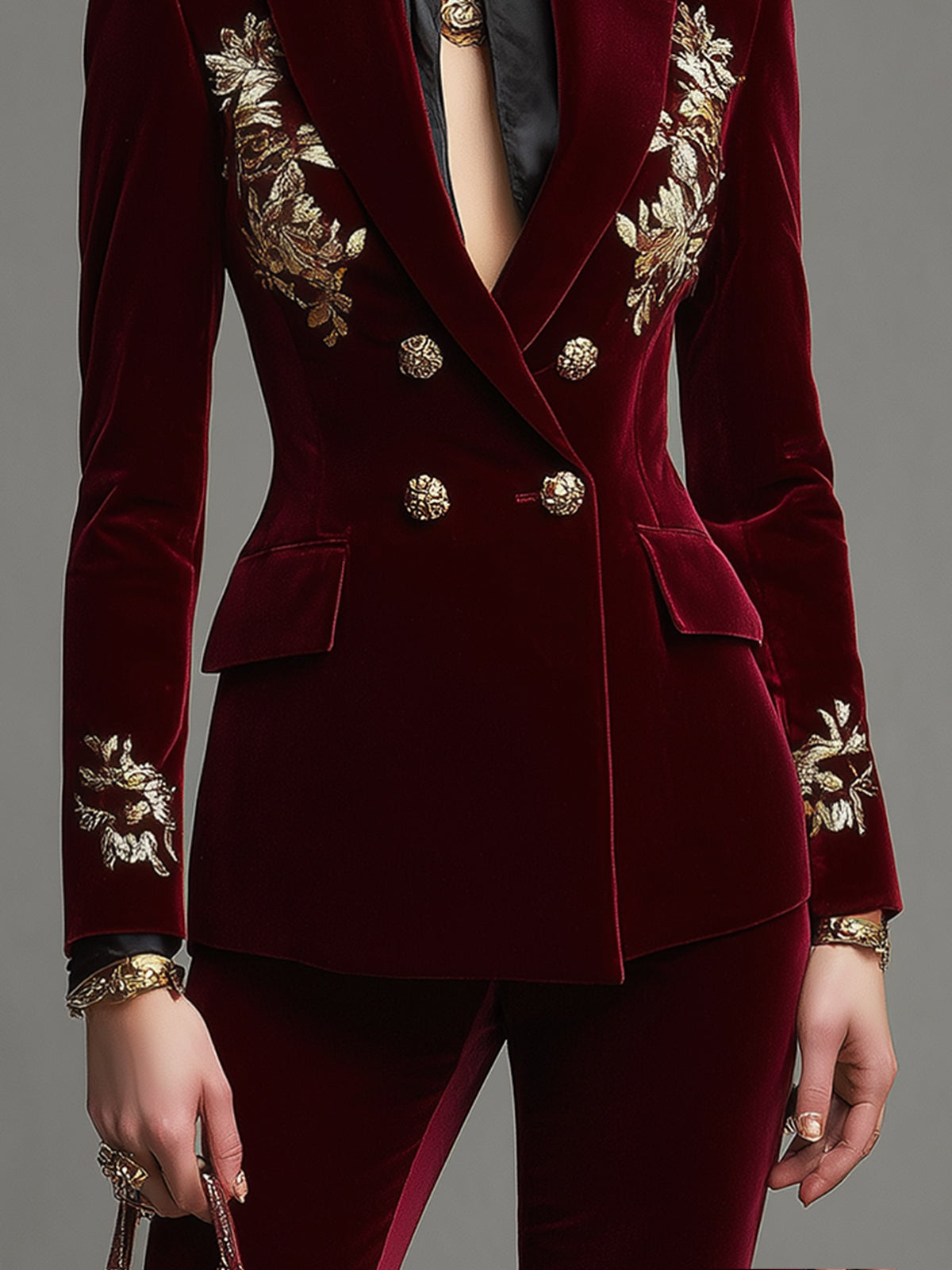 Deep Red Velvet Print Double Breasted Blazer