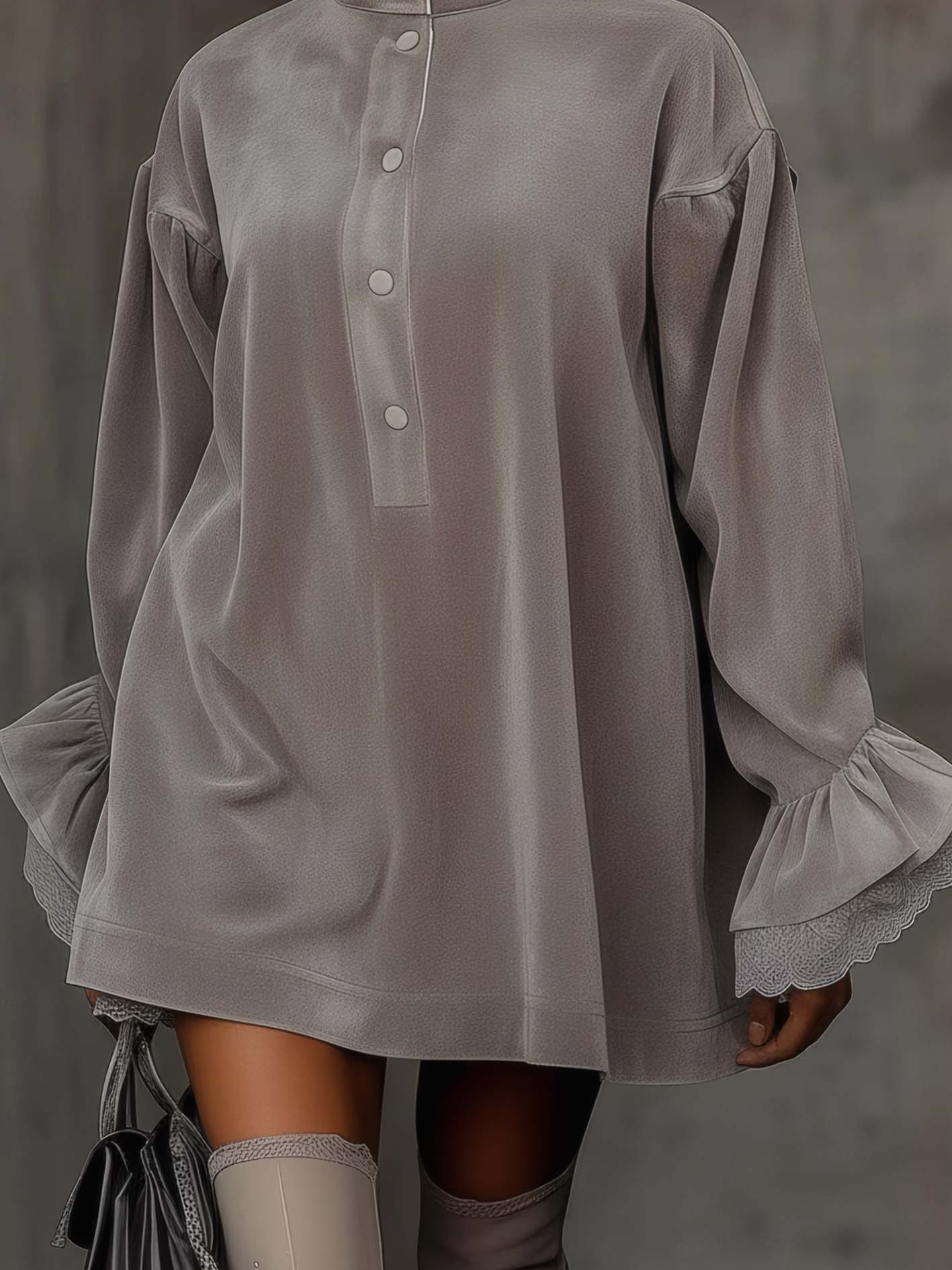 Gray Faux Suede Mini Dress With Lace Cuffs