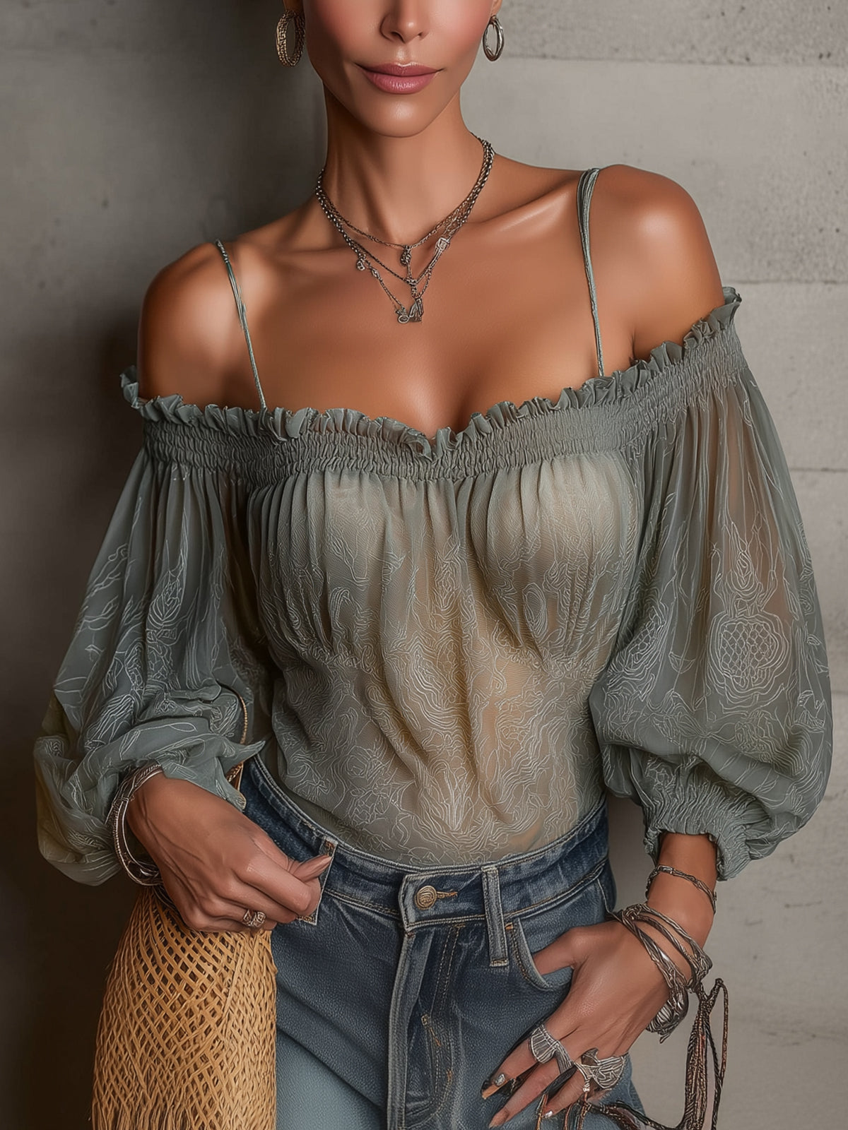 Green Sheer Off-Shoulder Floral Chiffon Blouse
