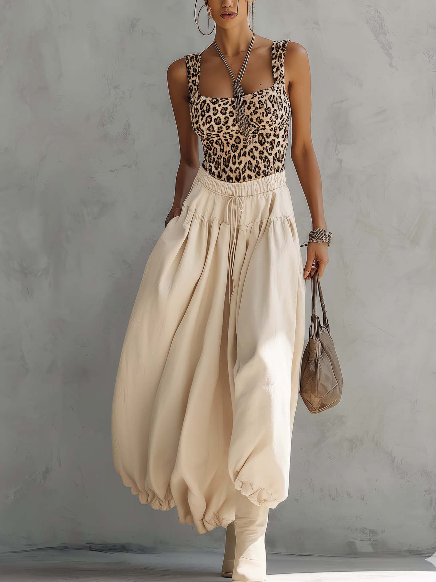 Beige Leopard Print Patchwork Two-Piece Set