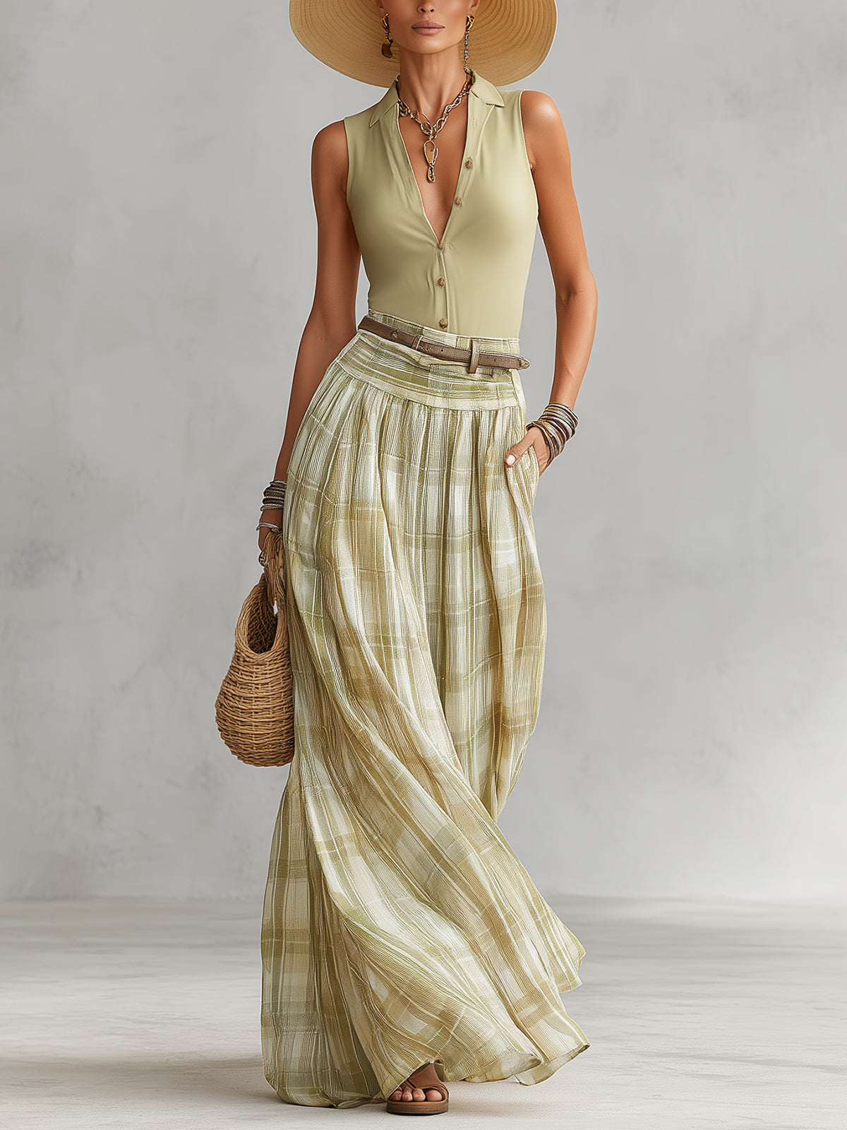 Green Button-Front Top & Plaid Pleated Maxi Skirt Set