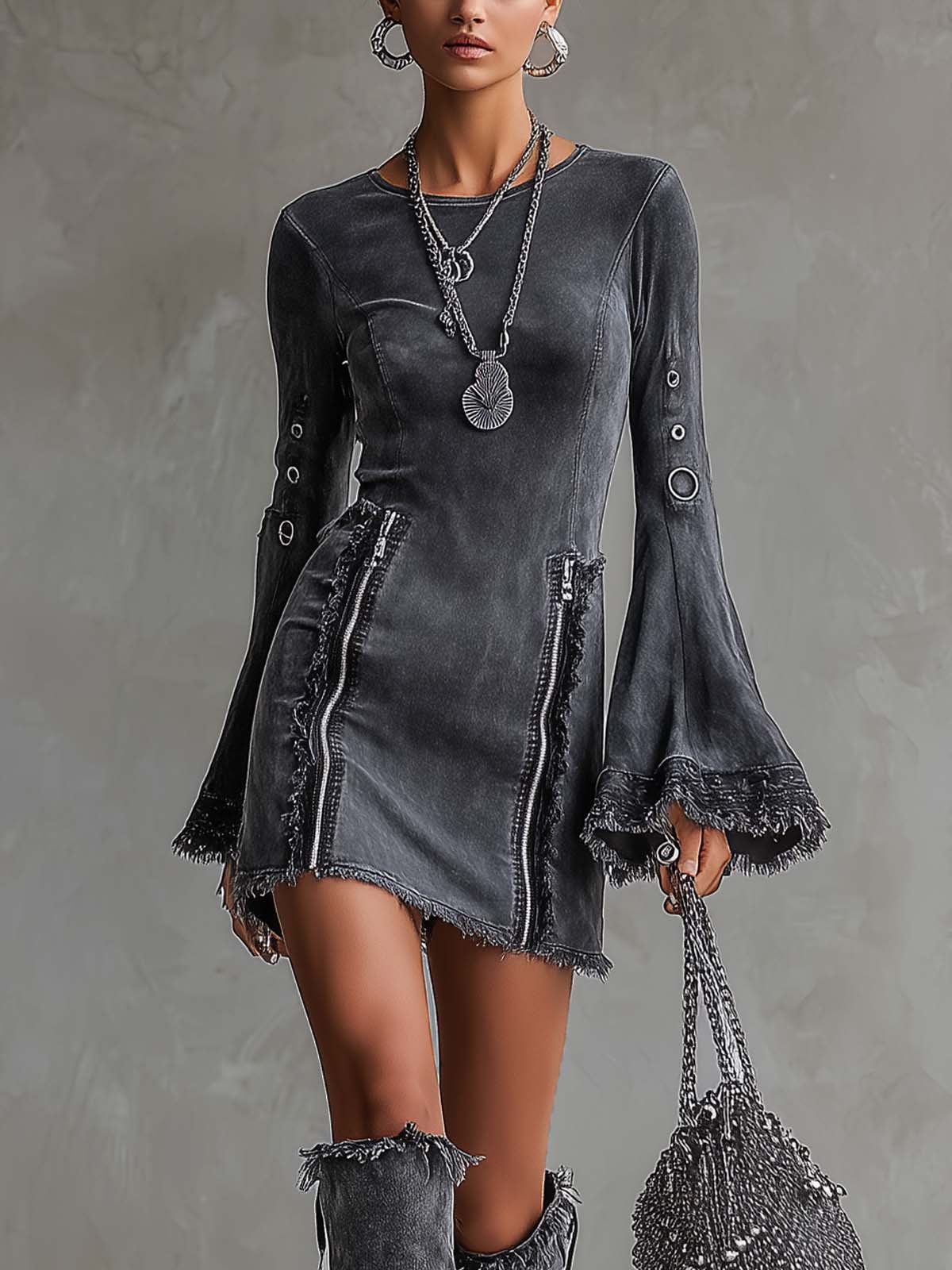 Grey Denim Brushed Bell Sleeve Zipper Mini Dress
