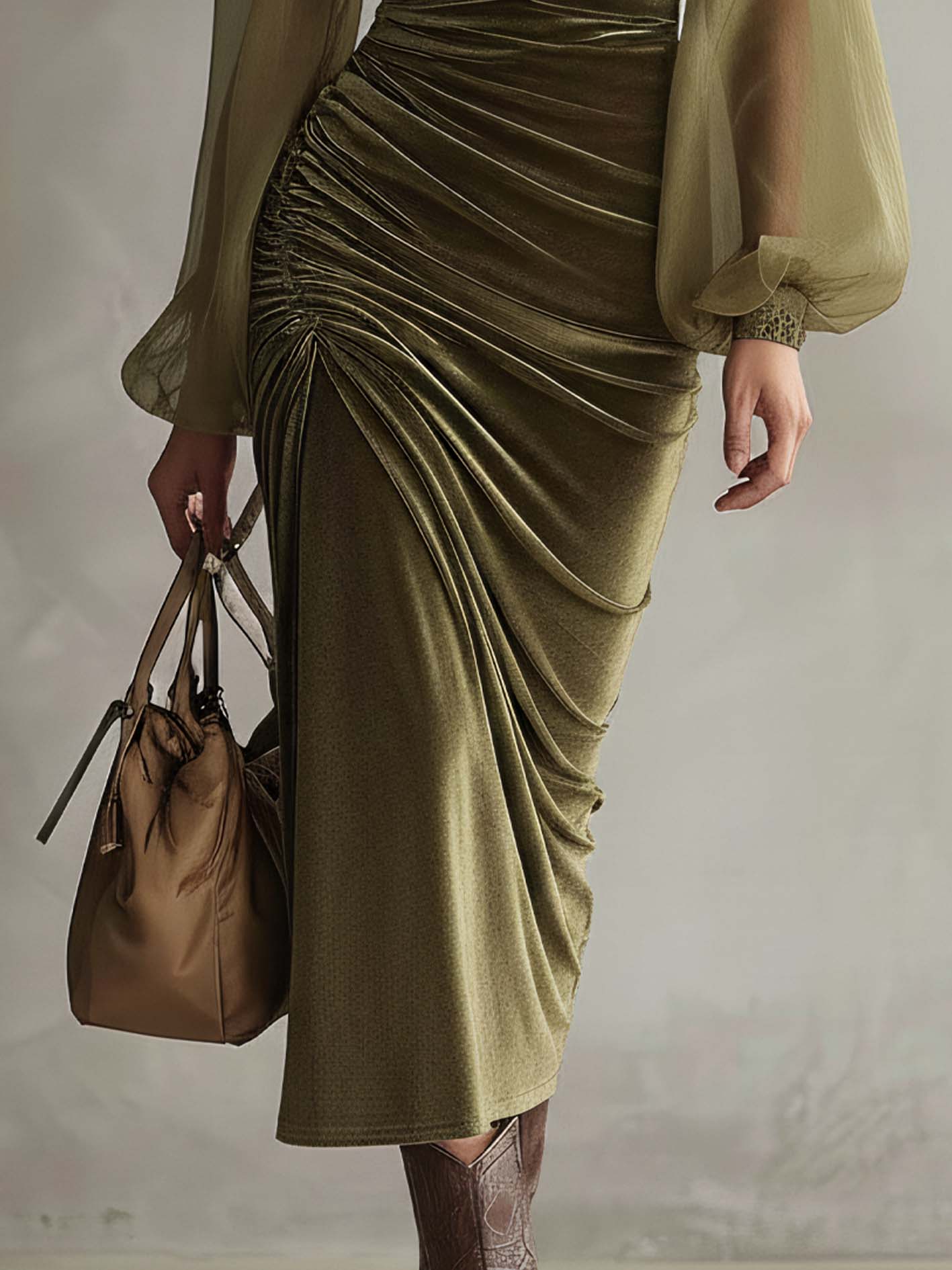 Olive Green Velvet Off Shoulder Bodycon Dress With Twist Ruched Detail