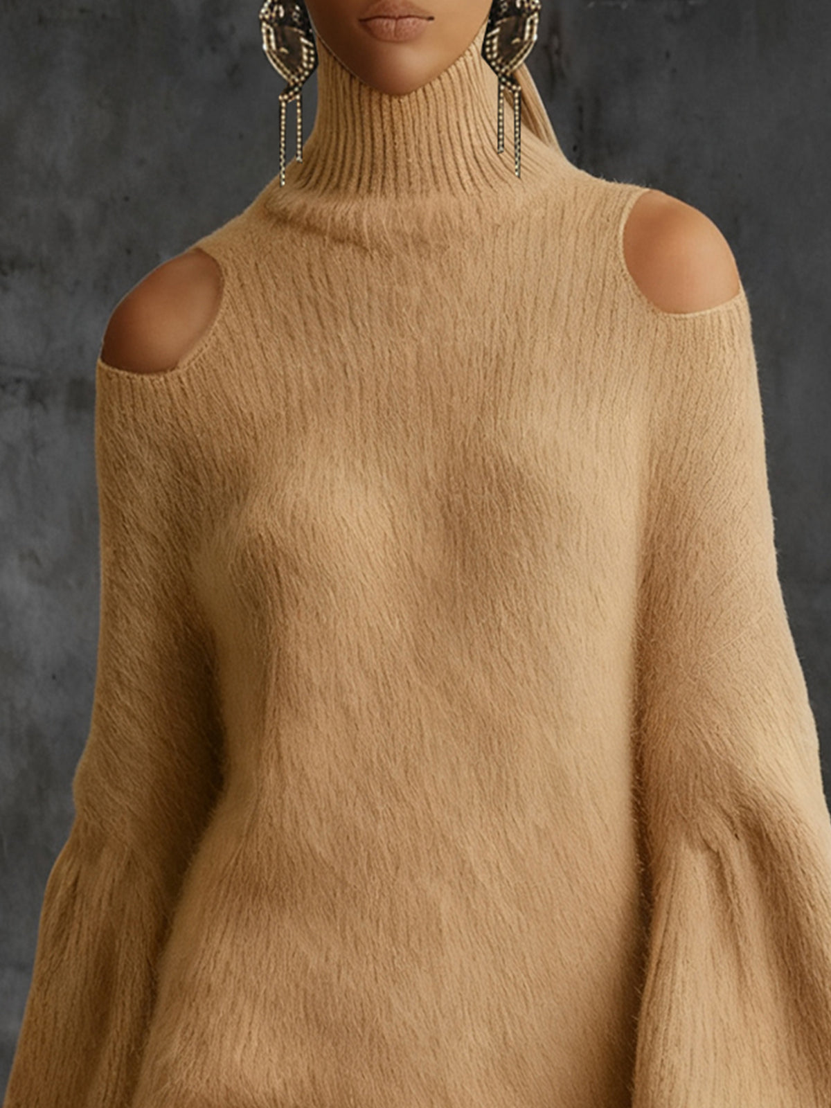 Cold Shoulder Camel Knit Dress With Lace Trim