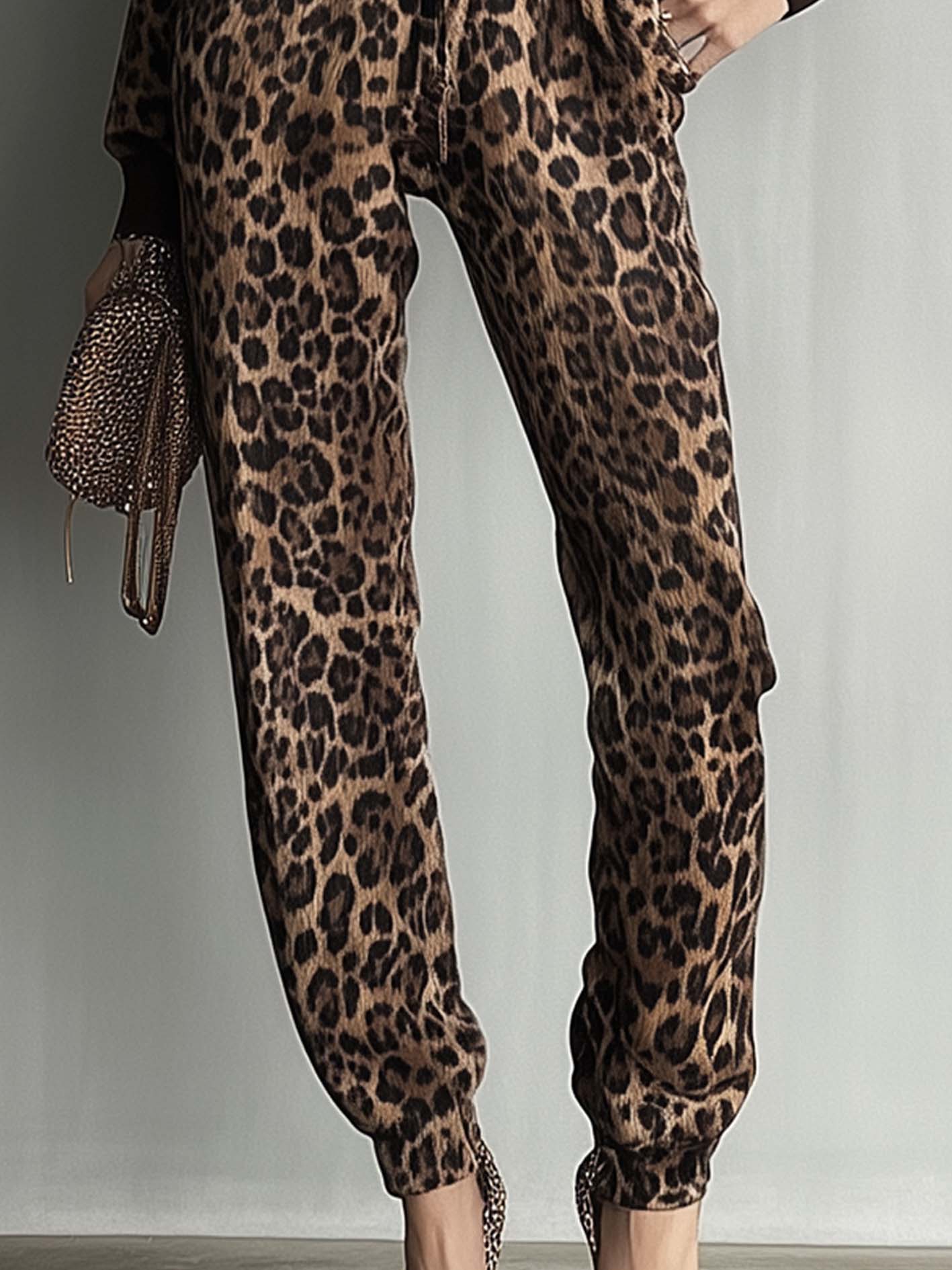 Brown Hooded Sweatshirt Jumpsuit With Leopard Print