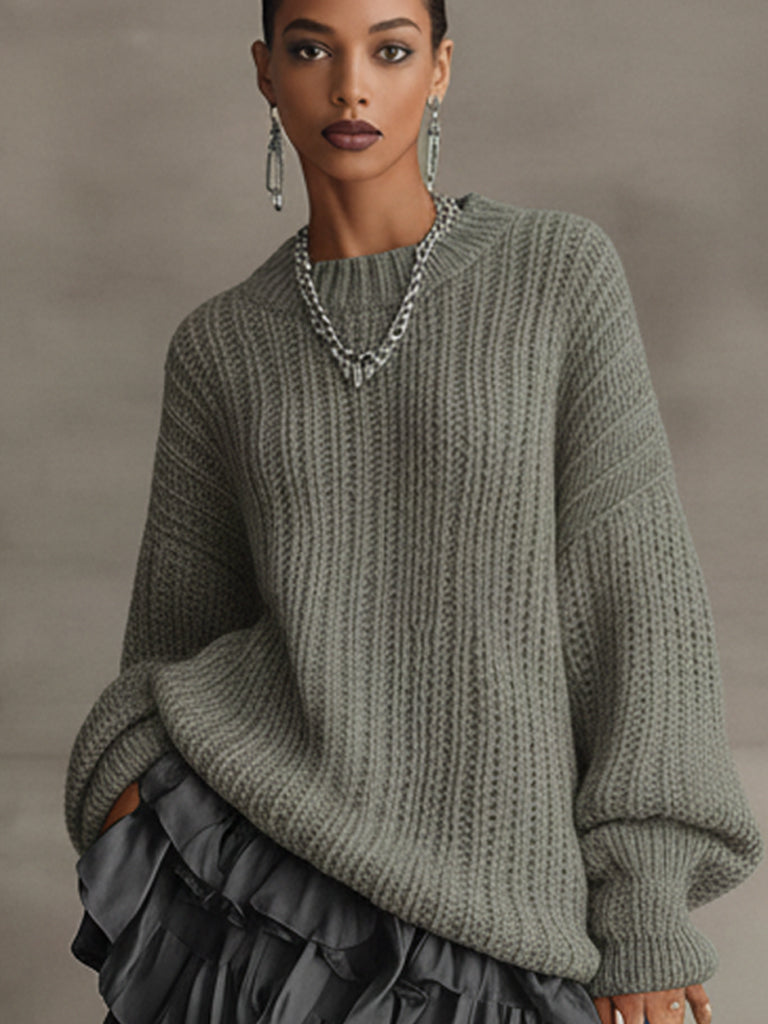 Sage Knit Ruffle Hem Long Sleeve Mini Dress