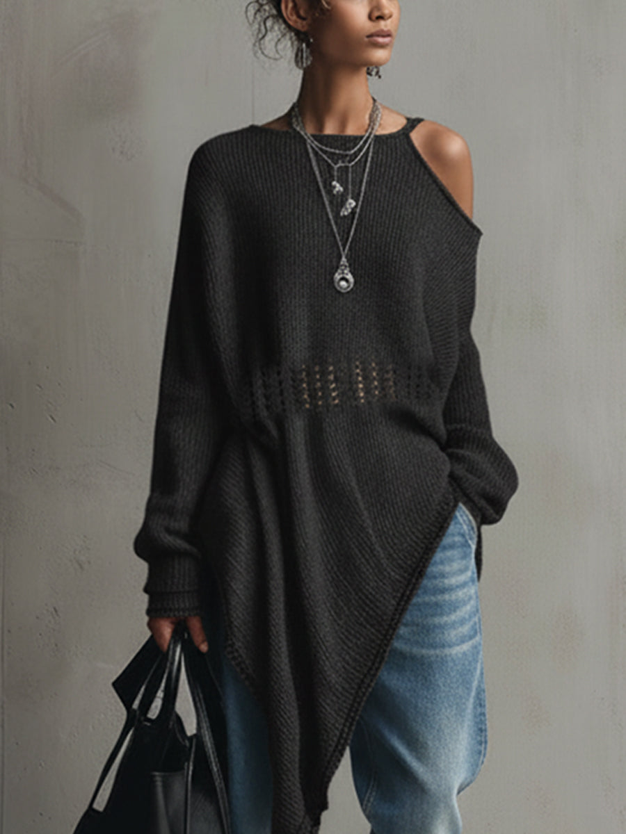 Black Lightweight Open Knit Midi Dress With Asymmetrical Hem