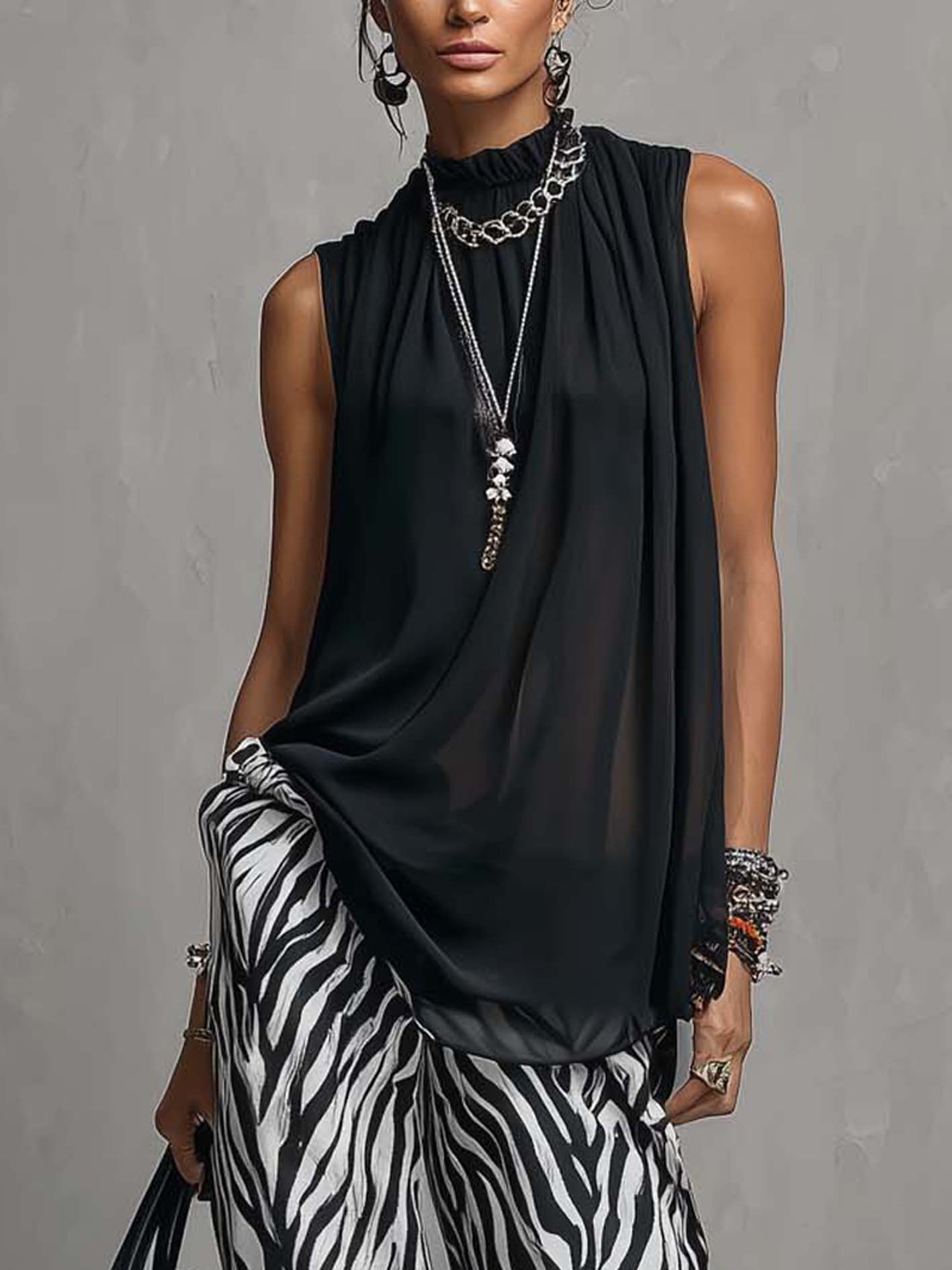 Black Chiffon Sleeveless Top And Zebra Print Wide Leg Pants Set
