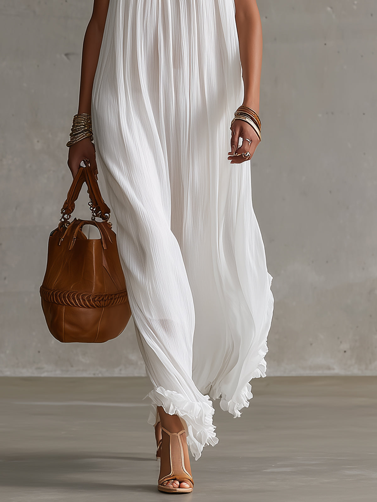 White Pleated Halter Chiffon Maxi Dress